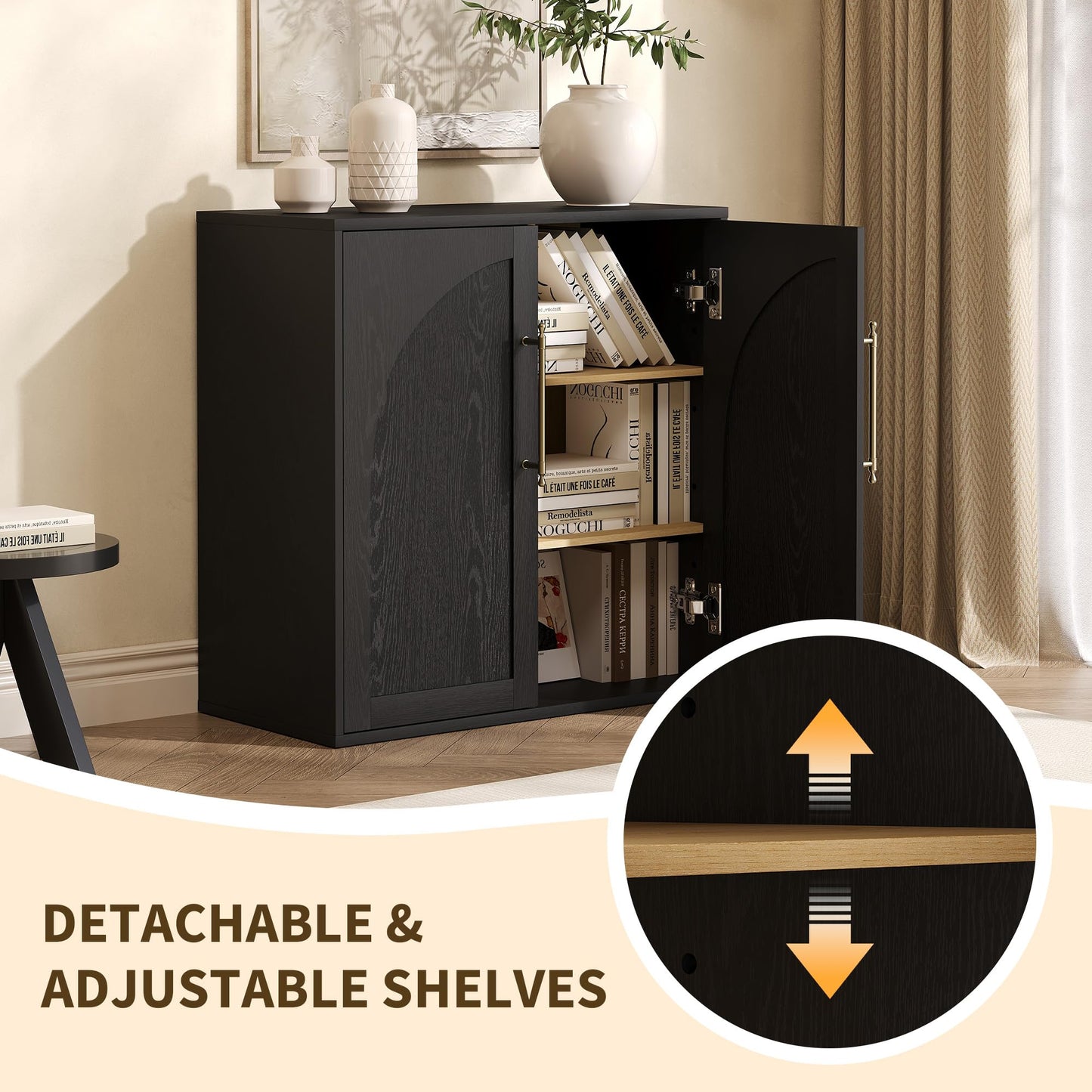 Garvee Arched Storage Cabinet with 2 Adjustable Shelves, Small Modern Farmhouse Sideboard Buffet Cabinet, Media Console Credenza with Anti-Tip Kit, for Living Room, Kitchen, Coffee Bar (Set of 2)