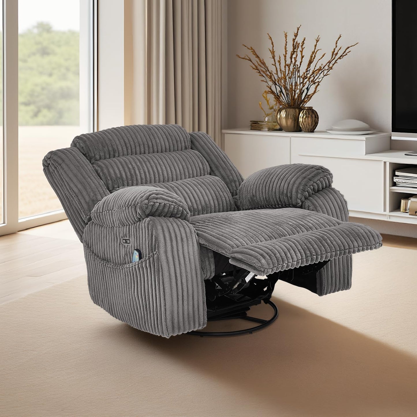 ERYE Oversized Glider Rocker Chair 270° Swivel & Power Reclining Chair W/Vibration Heat and USB-C Ports,Power Recliner Armchair Corduroy Upholstered Nursery Armchair
