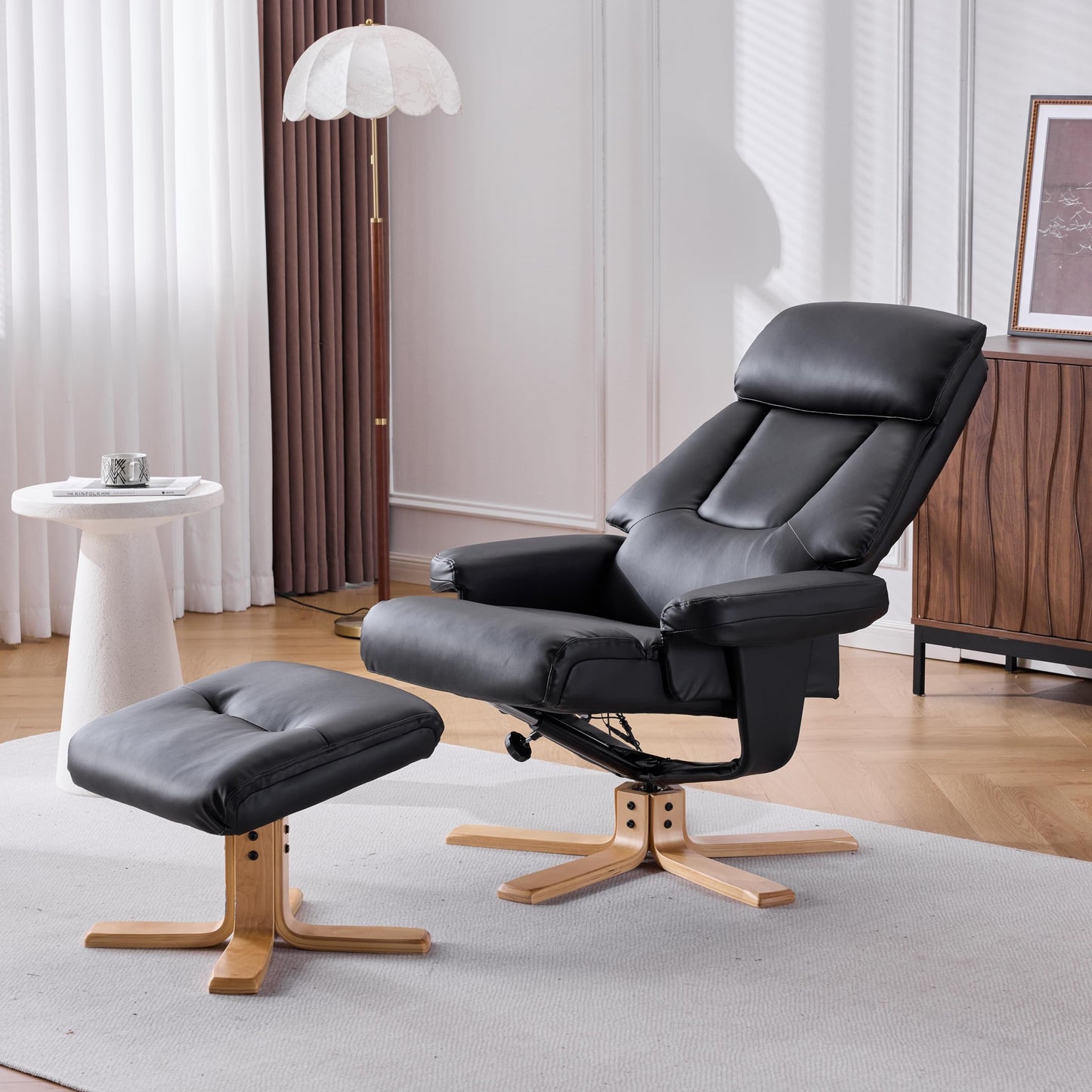 KEIKI 360 Degree Swivel Accent Chair, PU Leather Heated Massage Chair with Ottoman， Ergonomic Seat for Living Room, Lounge, Office, Black