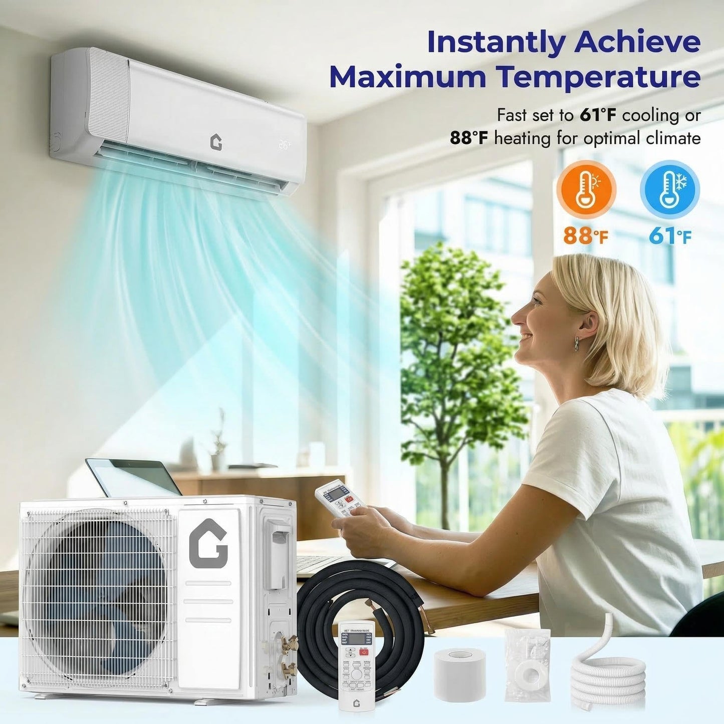 12,000 BTU Mini Split AC/Heating System, Mini Split Air Conditioners, 21 SEER2, Quiet Operation, 115V WIFI Enabled Energy Efficient Mini Split Unit, Installation Kits for Rooms Up to 750 Sq.ft