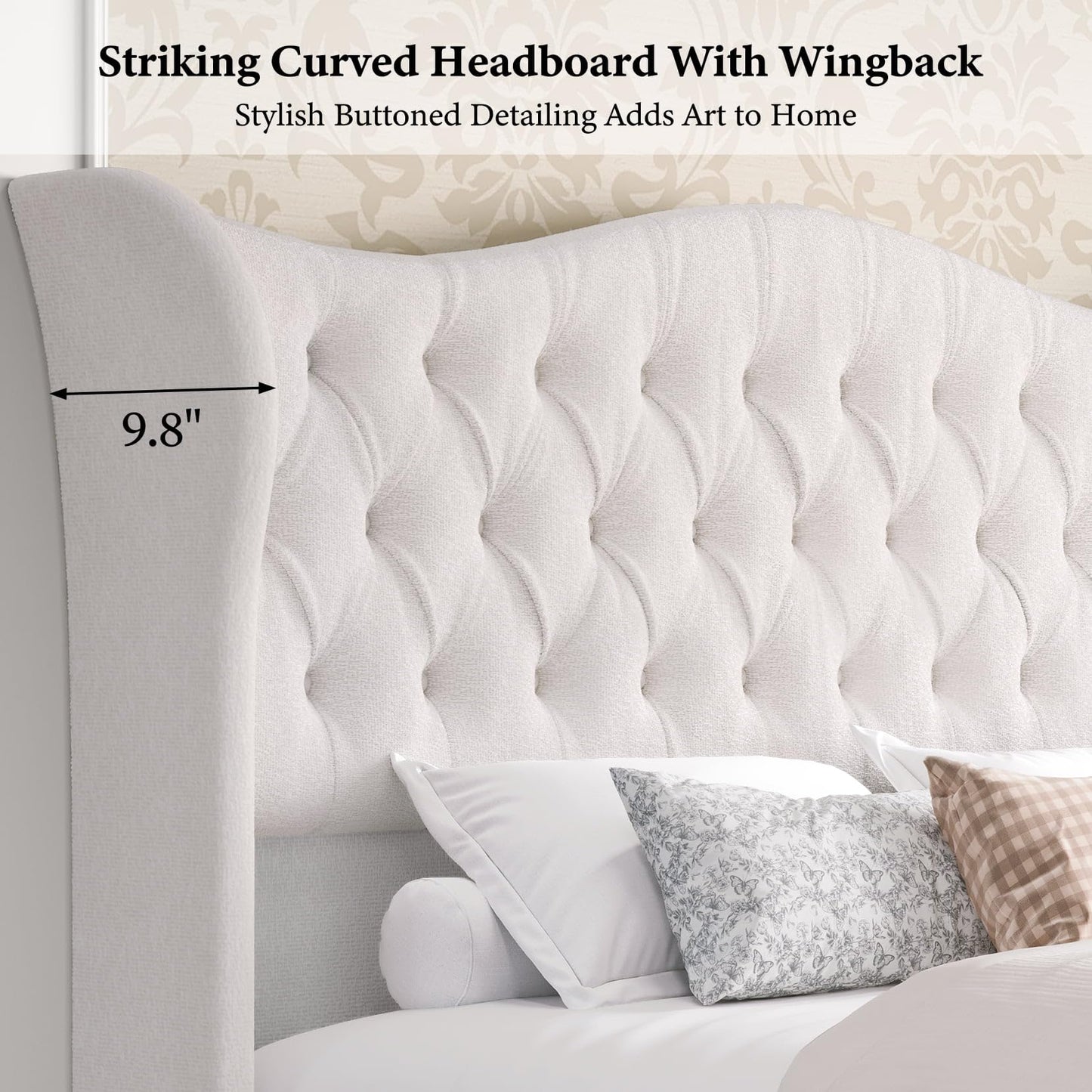 koorlian King Bed Frame,Chenille Upholstered Sleigh Bed with Scroll Wingback Headboard & Footboard,Luxury & Soft Button Tufted Modern King Bed,Easy Assembly,No Box Spring Needed