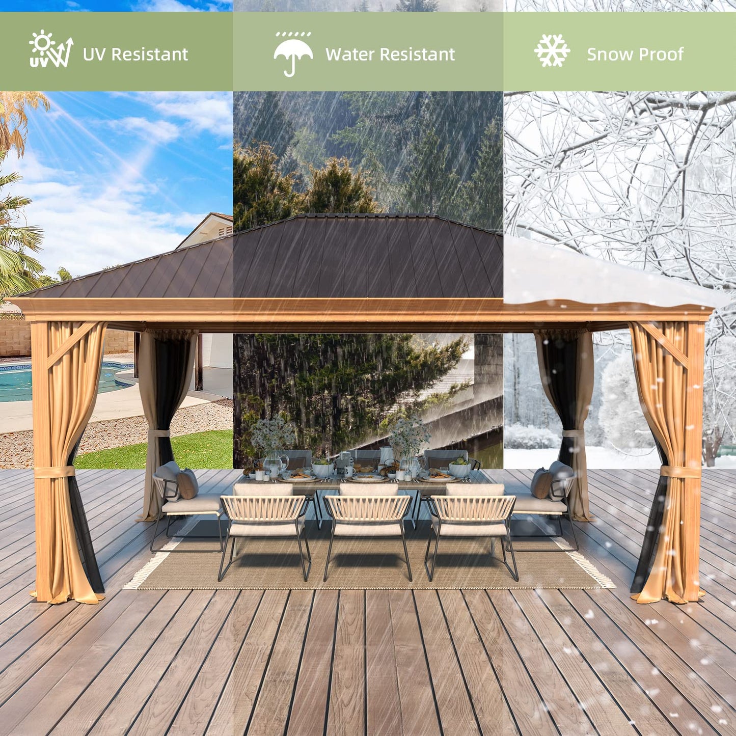 YOLENY 12' x 16' Hardtop Gazebo, Wood Looking Gazebo with Aluminum Frame and Single Galvanized Steel Roof, Outdoor Permanent Metal Pavilion with Curtains and Nettings for Deck, Backyard and Patio