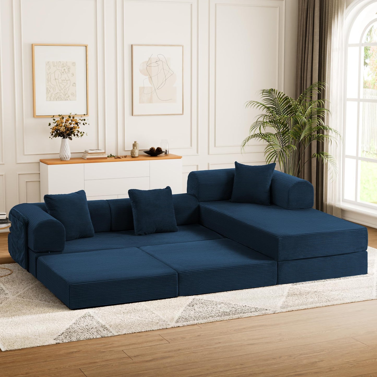Topcomfy 106.3" Modular Sectional Sleeper Sofa with Metal Frame Support, Convertible 4-Seater L-Shaped Cloud Couch for Living Room, Corduroy Memory Foam Pit Sofa, Blue
