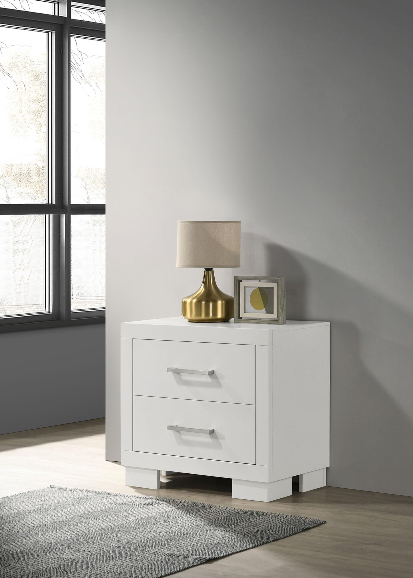 Coaster Home Furnishings - Jessica - Wood - 2-Drawer Nightstand with Silver Bar Handles, Flat Drawer Fronts, Boxy Frame and Hidden Storage - Bedroom - Snow White - 202992
