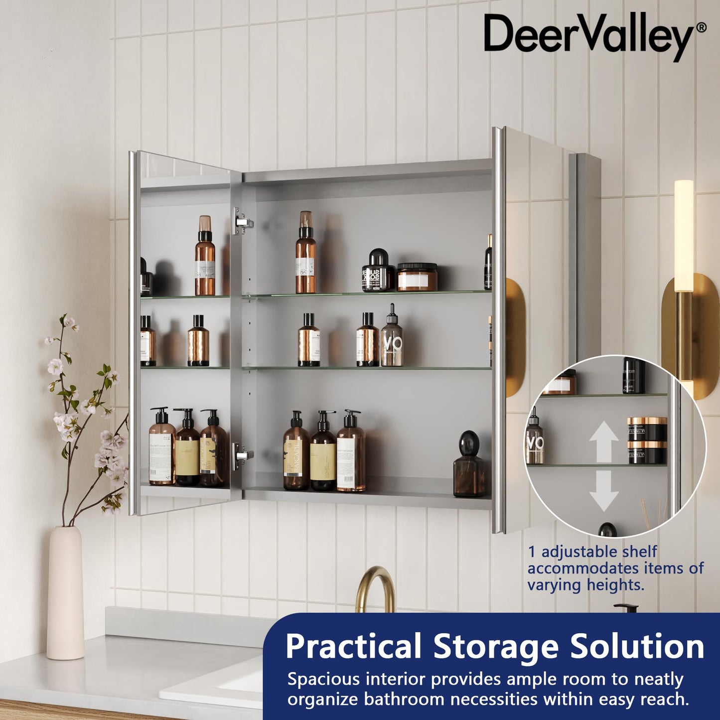 DeerValley Medicine Cabinet with Mirror, 30" W x 26" H Bathroom Mirror with Storage, Frameless Modern Wall Mount Mirrored Medicine Cabinets with Adjustable Shelf