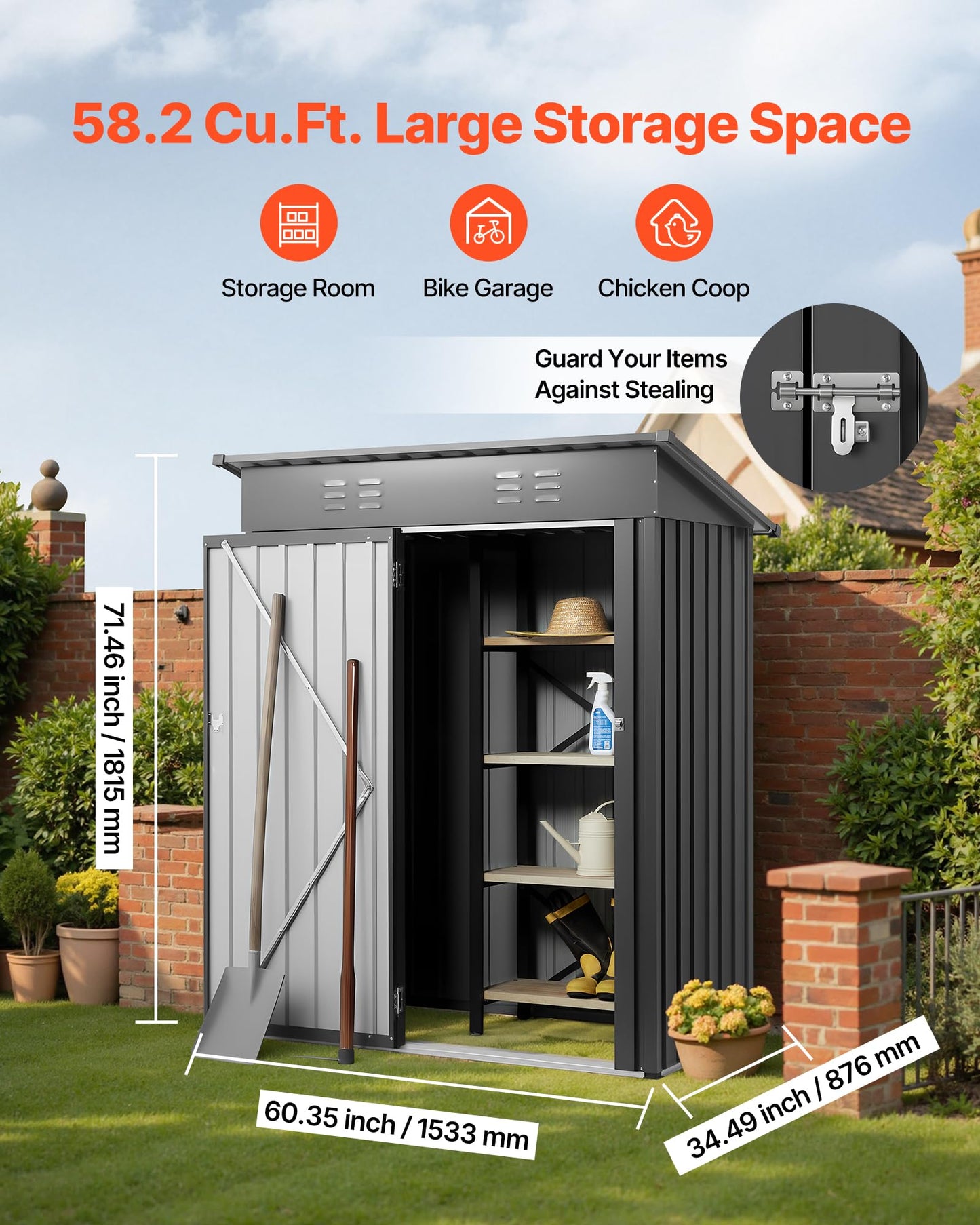 VEVOR 5 x 3 FT Metal Garden Shed, Storage Building with Lockable Door & 2 Louver Vents, Sloped Roof Metal Outdoor Storage Shed, Tool Sheds Outdoor Storage for Backyard, Garden, Patio, Bike, Gray