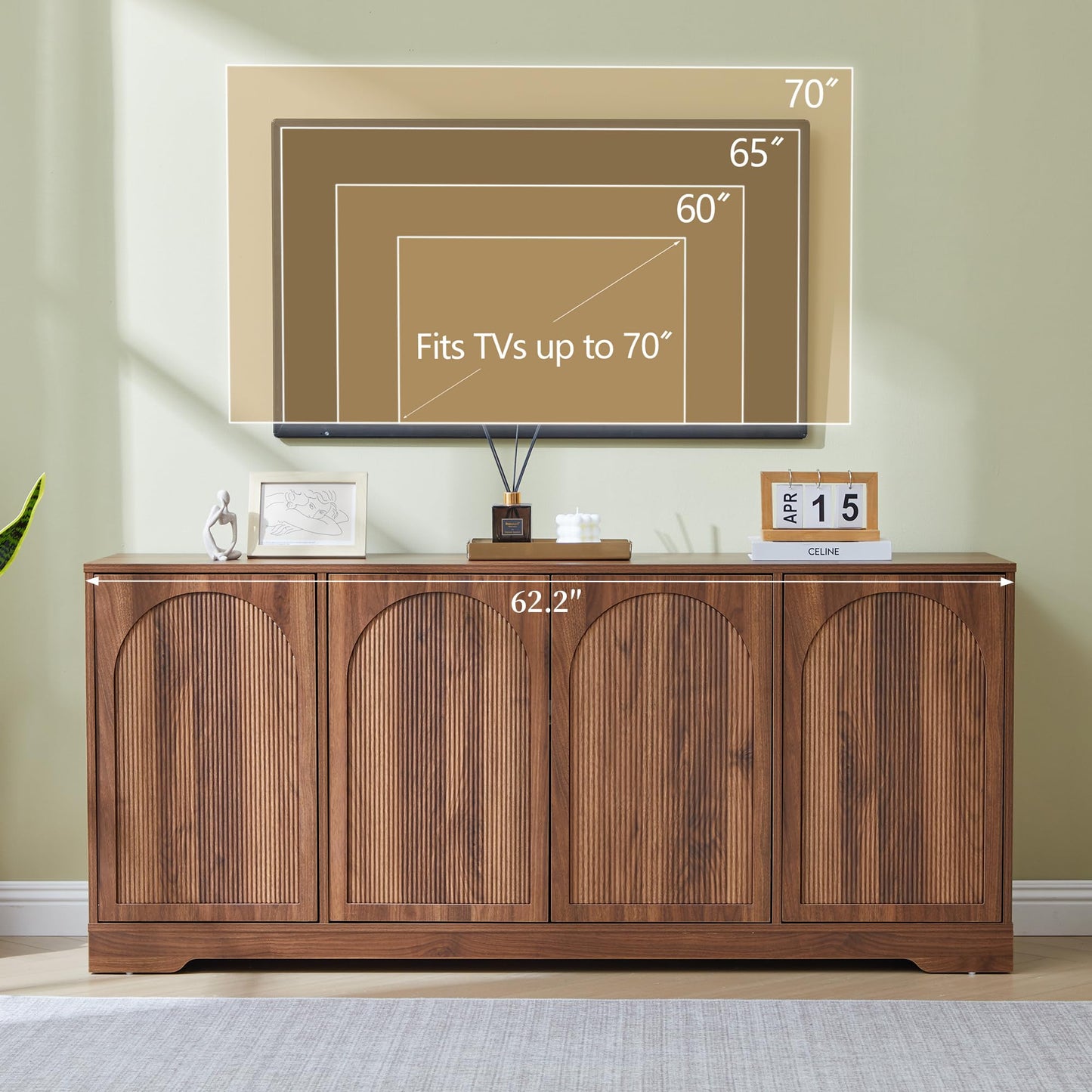 Bifins 62.2 Inch TV Stand for TVs up to 70 Inches, Tall Entertainment Center Cabinet with 4 Fluted & Arched Doors and Cable Management for Living Room Bedroom, Walnut