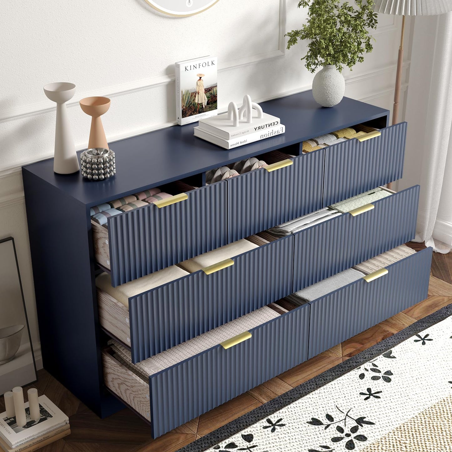 Sscaktu 7 Drawers Dresser for Bedroom,55" Wide Fluted Dresser with Deep Drawers, Modern Chest of Drawers, Wood TV Stand Storage Organizer for Closet, Living Room, Hallway, Blue
