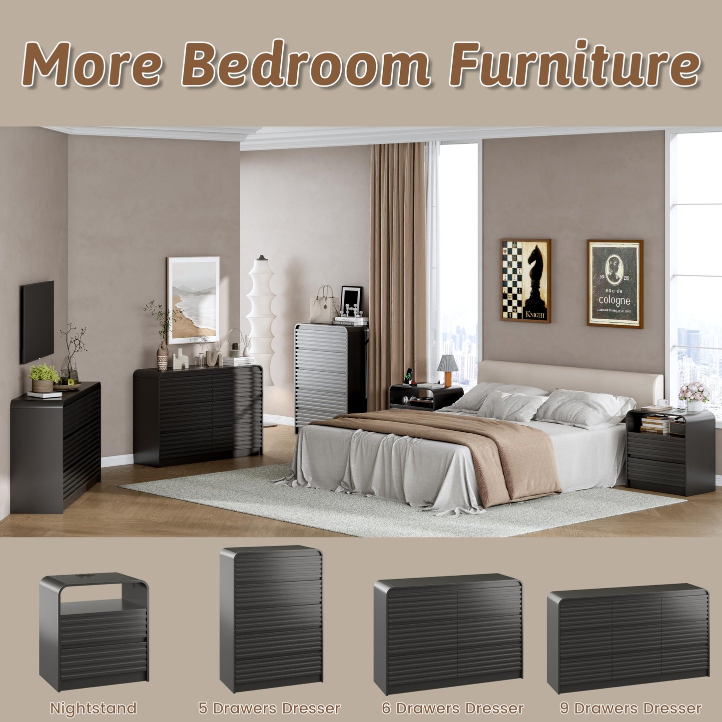 Dresser and Nightstand Sets for Bedroom, 3 Pcs Bedroom Set, Fluted 9 Drawer Dresser with Curved Profile and Night Stand Set of 2 with Charging Station, Wood Chest of Drawers Storage Cabinet Set, Black
