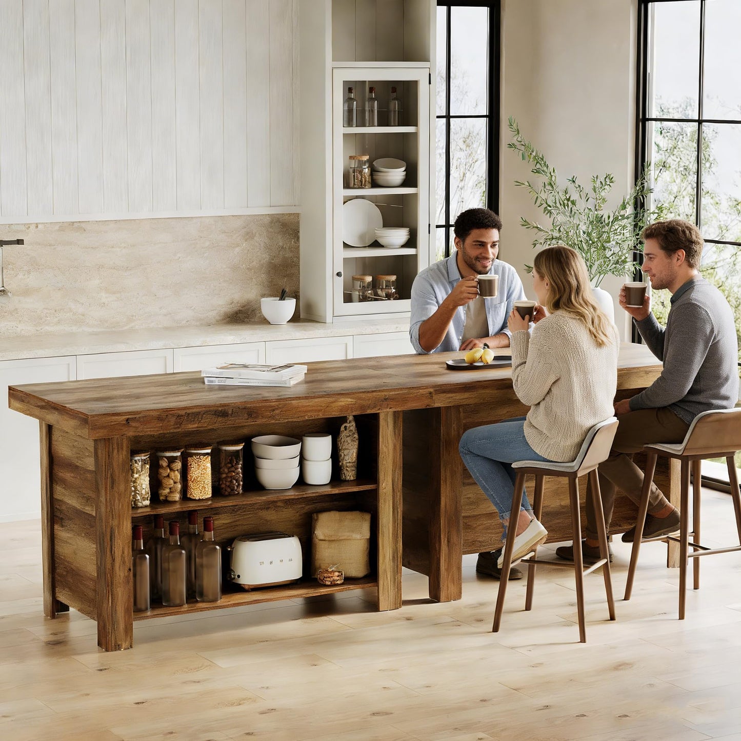 LITTLE TREE 55 Inches Kitchen Island with Storage, 3-Tier Farmhouse Wooden Stationary Island Table with Large Worktop & Leg Room, Modern Coffee Bar Table with Storage Shelf for Kitchen, Rustic Brown