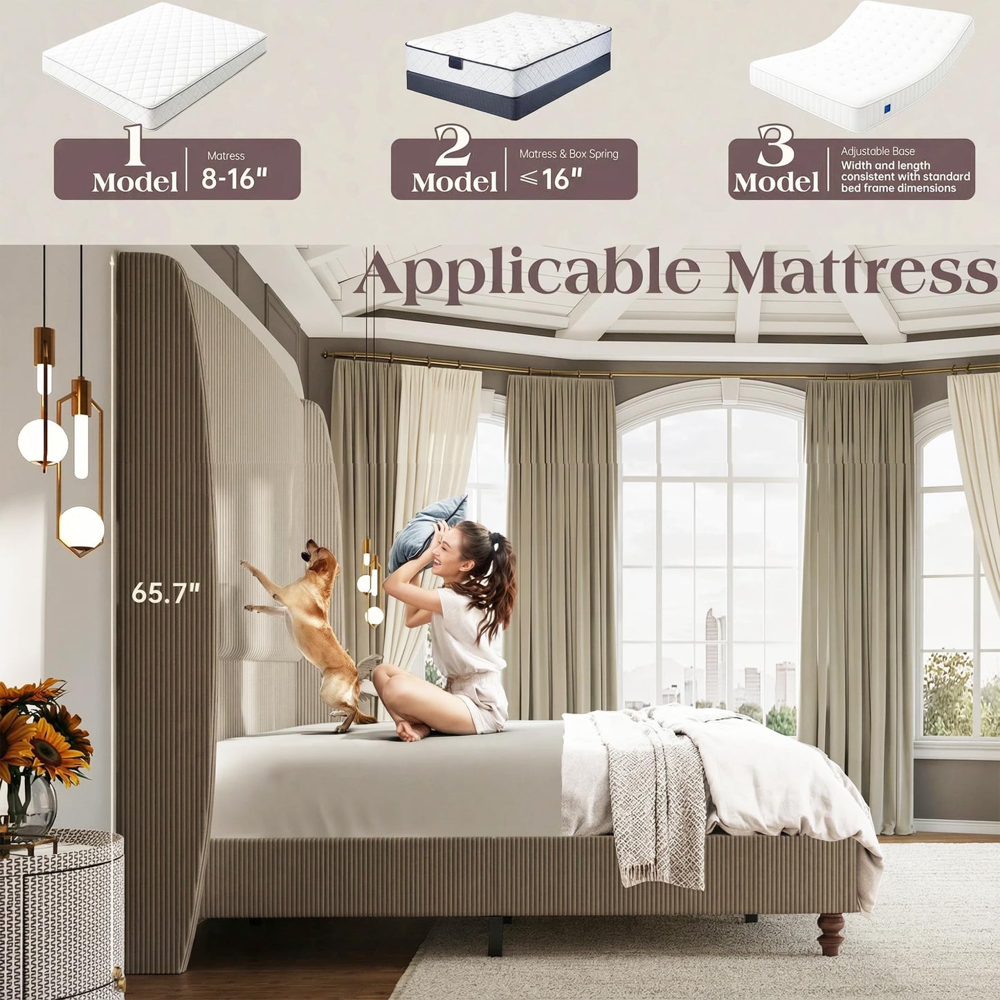 lividido Queen Size Upholstered Bed Frame with 65.7" Tall Headboard Wingback, Soft Washable Corduroy Beds Cover, Solid Wood Legs, Noise-Free, No Box Spring Needed, Light Gray