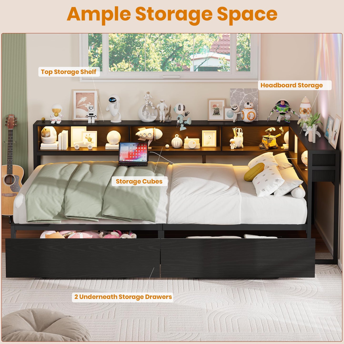 Garvee Twin Corner Bed Frames - with Charging Station and LED Lights, Twin Size Bed Platform with 2 Storage Drawers and Bookcase Headboard, Modern Twin Daybed for Kids Teens Guests, Black