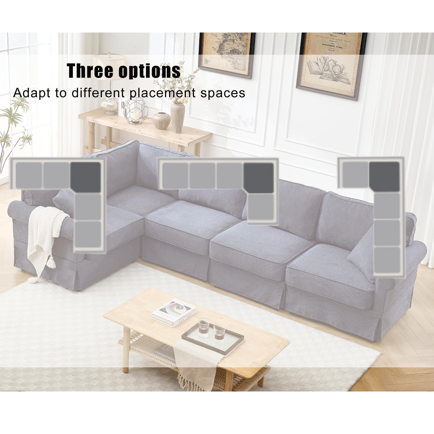 KEIKI 94" L-Shaped Oversized Modular Linen Sectional Sofa with Rolled Arms, Cushion Back, Modern Style Convertible 5-Seater Corner Couch, Easy Assembly, for Apartment, Living Room, Bedroom, Dark Blue