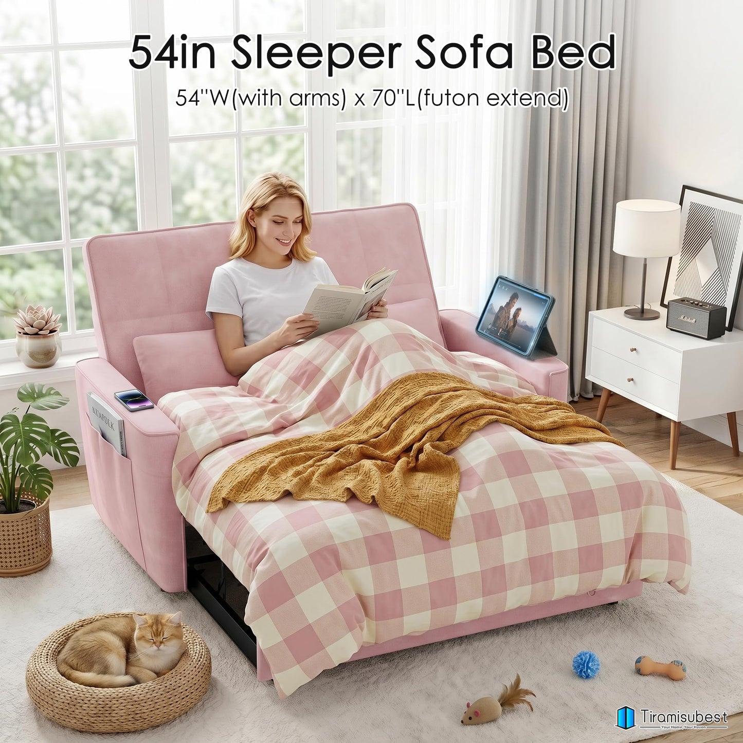 tiramisubest 54'' Sleeper Sofa Bed, Convertible Pull Out Couch Futon for for Living Room,Apartment (Pink, Loveseat) Side Pockets, Velvet Fabric, Adjustable Backrest, Pull-Out Bed, Easy Assembly