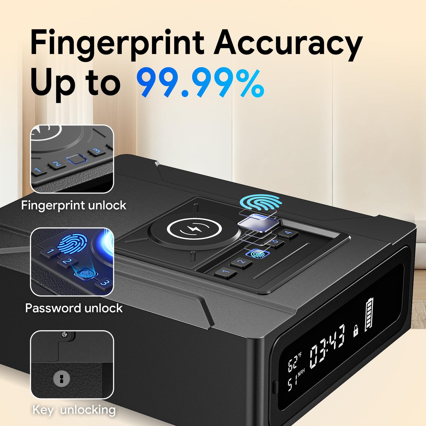 ORARAER Bedside Gun Safe with Wireless Charging - Biometric Safe with Fast Fingerprint, Backup Key & USB-C Emergency Unlock, Alarm Clock & Humidity Display, Bolt Down for Home Security
