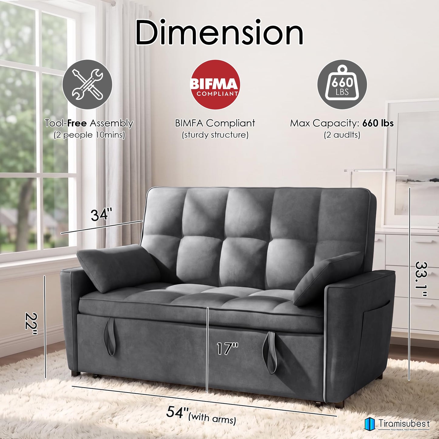 tiramisubest 54'' Sleeper Sofa Bed, Convertible Pull Out Couch Futon for for Living Room,Apartment (Darkgrey, Loveseat) Side Pockets, Velvet Fabric, Adjustable Backrest, Pull-Out Bed, Easy Assembly