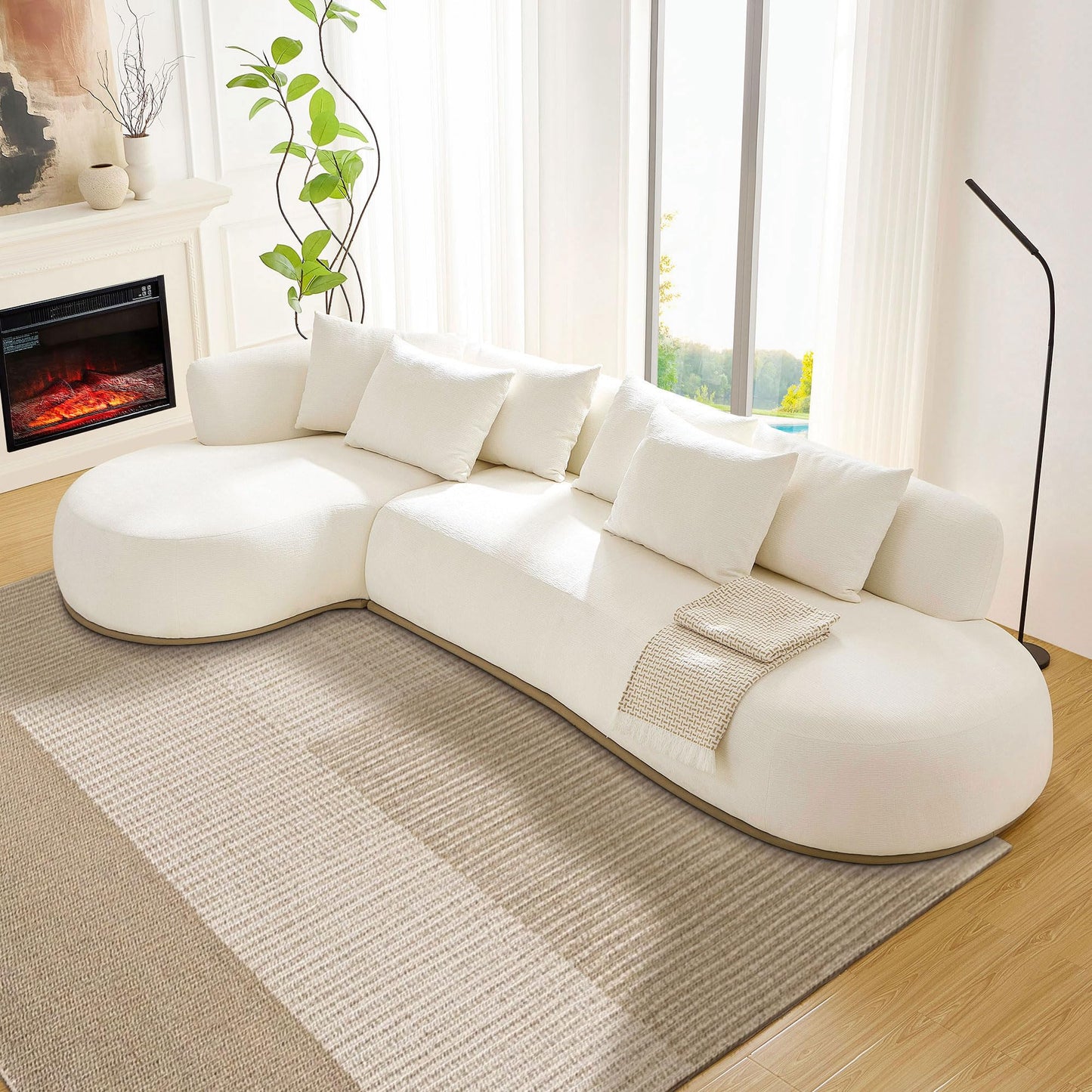 KEIKI 135" L-Shaped Oversized Boucle Sectional Sofa with Left Chaise, Modern 5-Seater Polyester Curved Couch with PU Leather Base & 6 Decorative Pillows, No Assembly Required, for Living Room, Beige