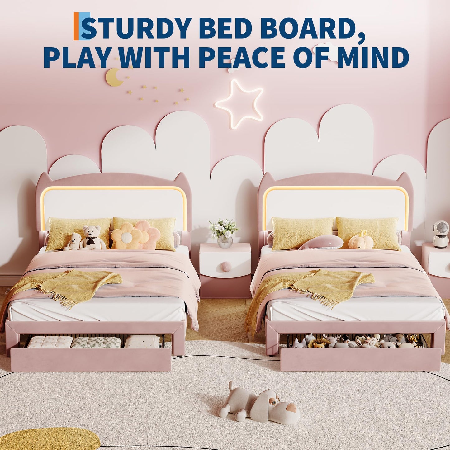 Full Size Princess Bed Frame with LED Lights & Storage Drawer - Pink Velvet Upholstered Cat Headboard Platform Bed for Kid- Sturdy Wood Slats, No Box Spring Needed, App & Remote Control,Pink & White