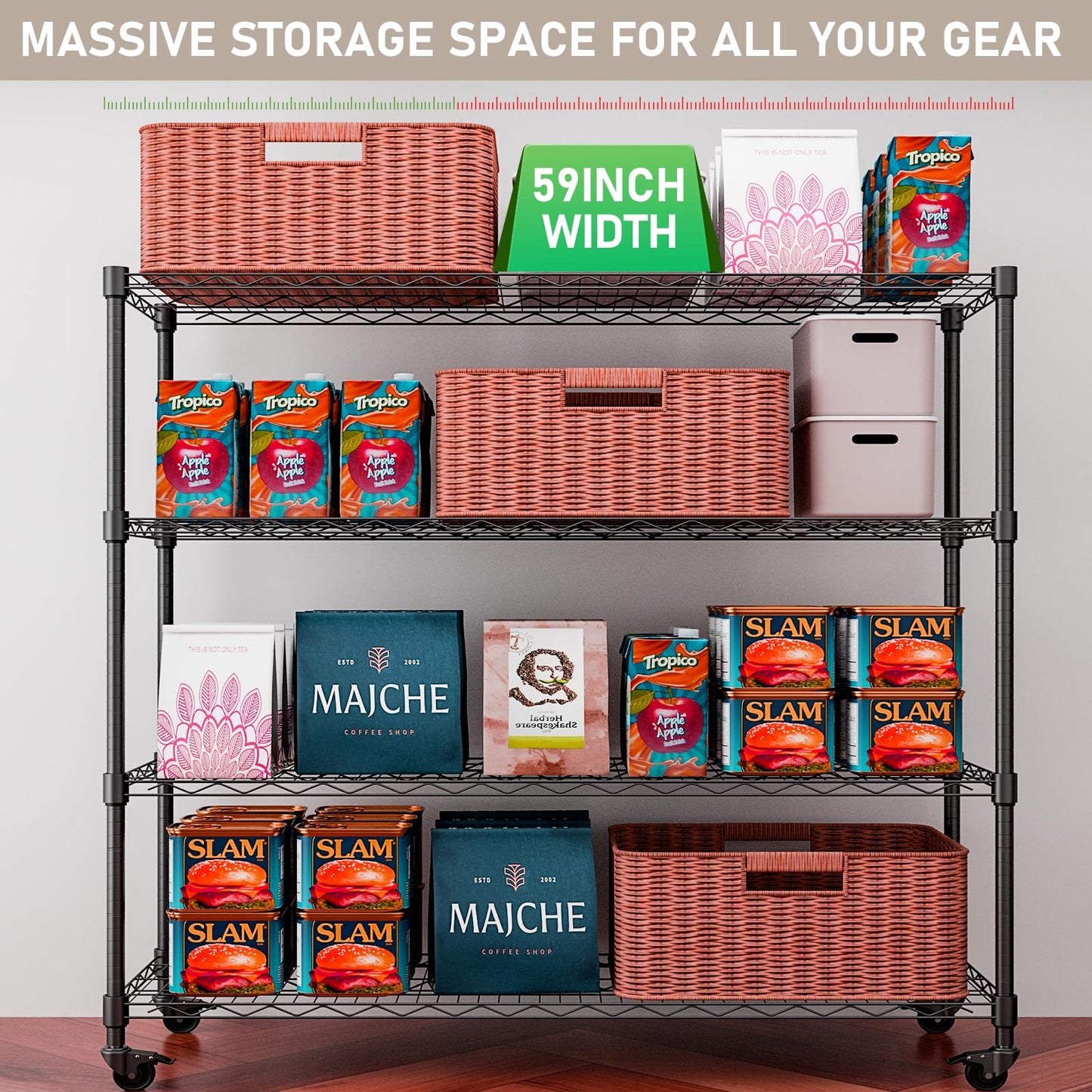 ZUIWAN 62.56" H x 59" W x 20" D Heavy Duty Metal Storage Rack with Wheels - Adjustable Wire Shelving Unit for Kitchen, Pantry, Garage & Commercial Use