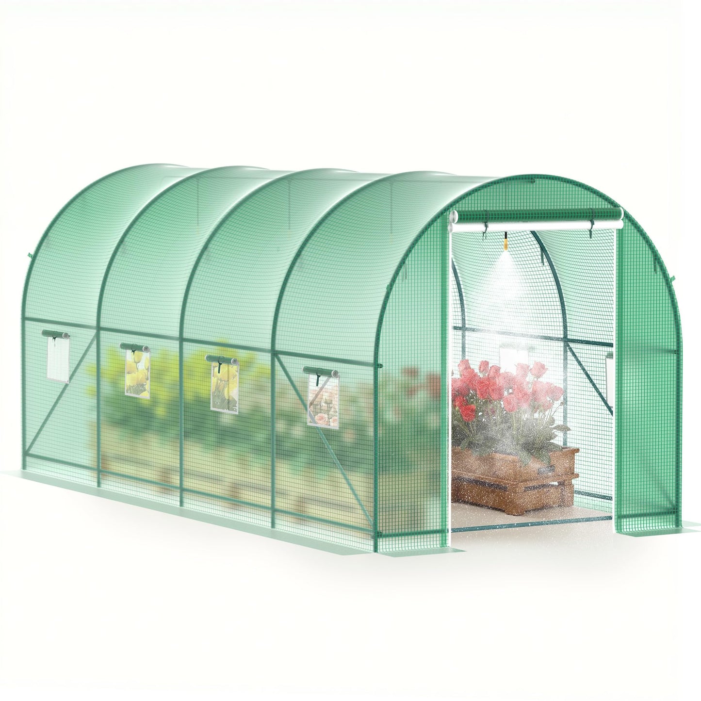 GOJOOASIS Greenhouse with Water System Outdoor Green House for Outside Winter Heavy Duty Large Walk-in Tunnel Portable Greenhouses for Backyard Plants Shed (15'x7'x7' w/ Irrigation System)