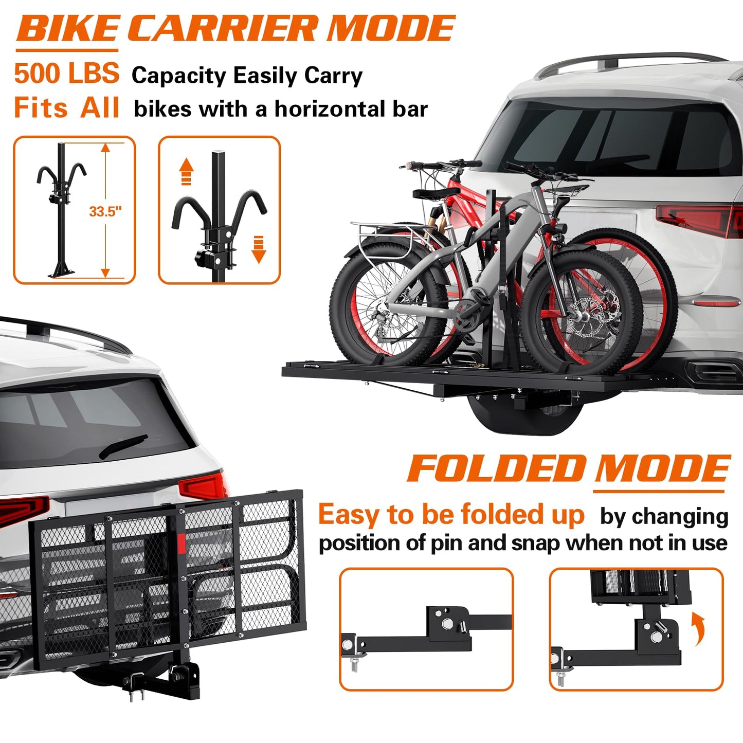 Wildroad Hitch Cargo Carrier with Bike Rack 60" x 24" x 14" Folding Trailer Hitch Cargo Carrier 500 LBS Capacity for Standard, Fat Tire and Electric Bike Fits 2" Receiver 60" Basket+Bike Rack