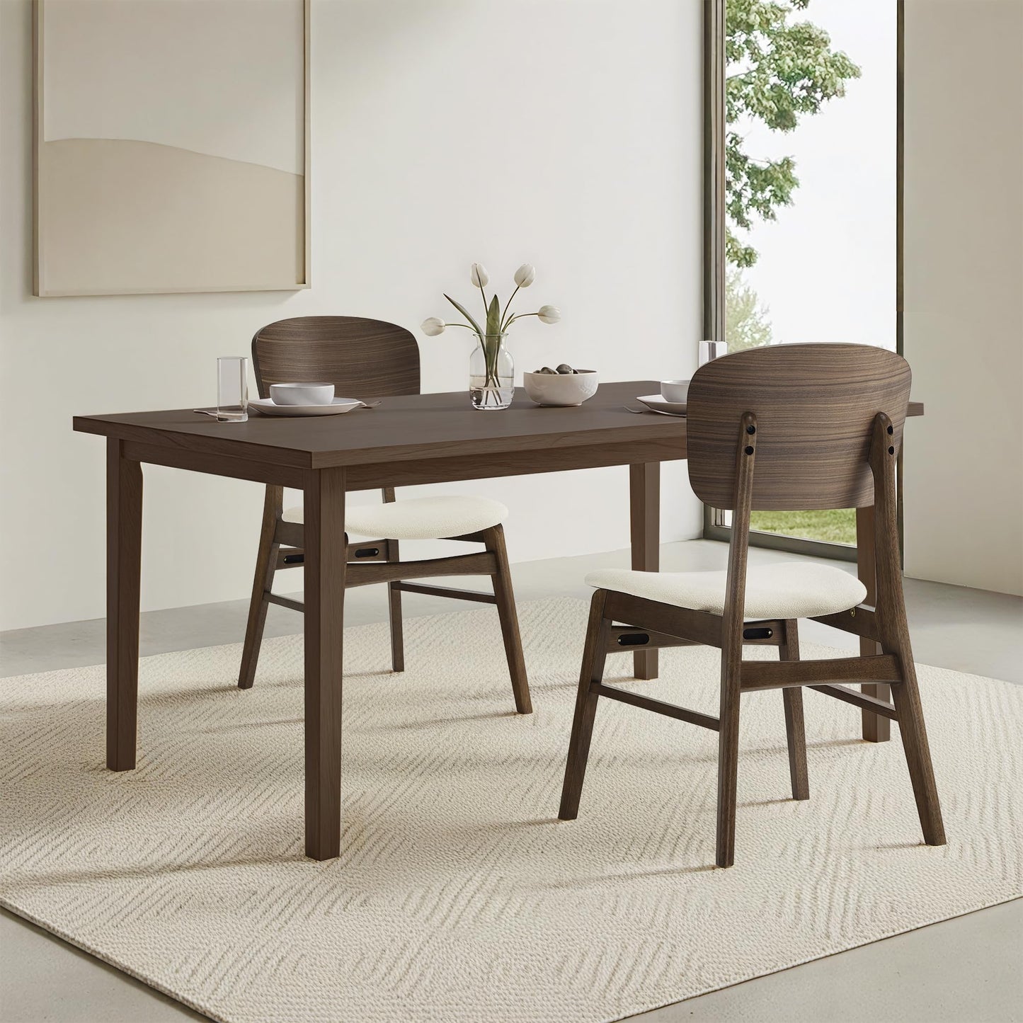 KISLOT Wooden Dining Chairs Set of 4, Upholstered Modern Dining Room Chairs, Mid Century Oak Kitchen Chairs with Ergonomic Wood Backrest for Farmhouse, Restaurant, Café (Cream Fabric & Walnut Color)