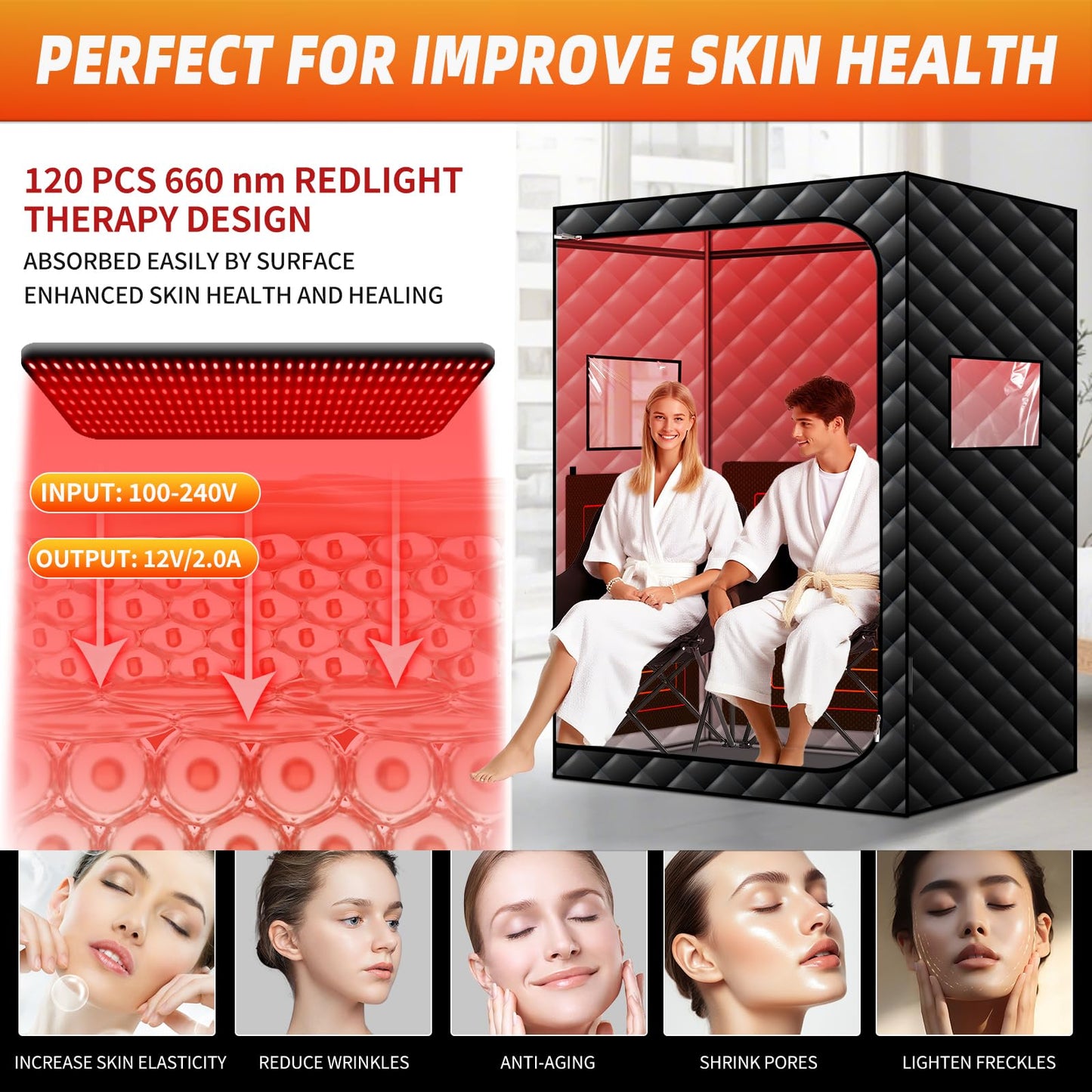 amocane Portable Infrared Sauna with 660nm Red Light, 2 Person Red Light Sauna Spa for Home, Full Body Personal Tent with 2 Large Chairs, Remote Control, Dry Heated for Gym/Pilates/Garage