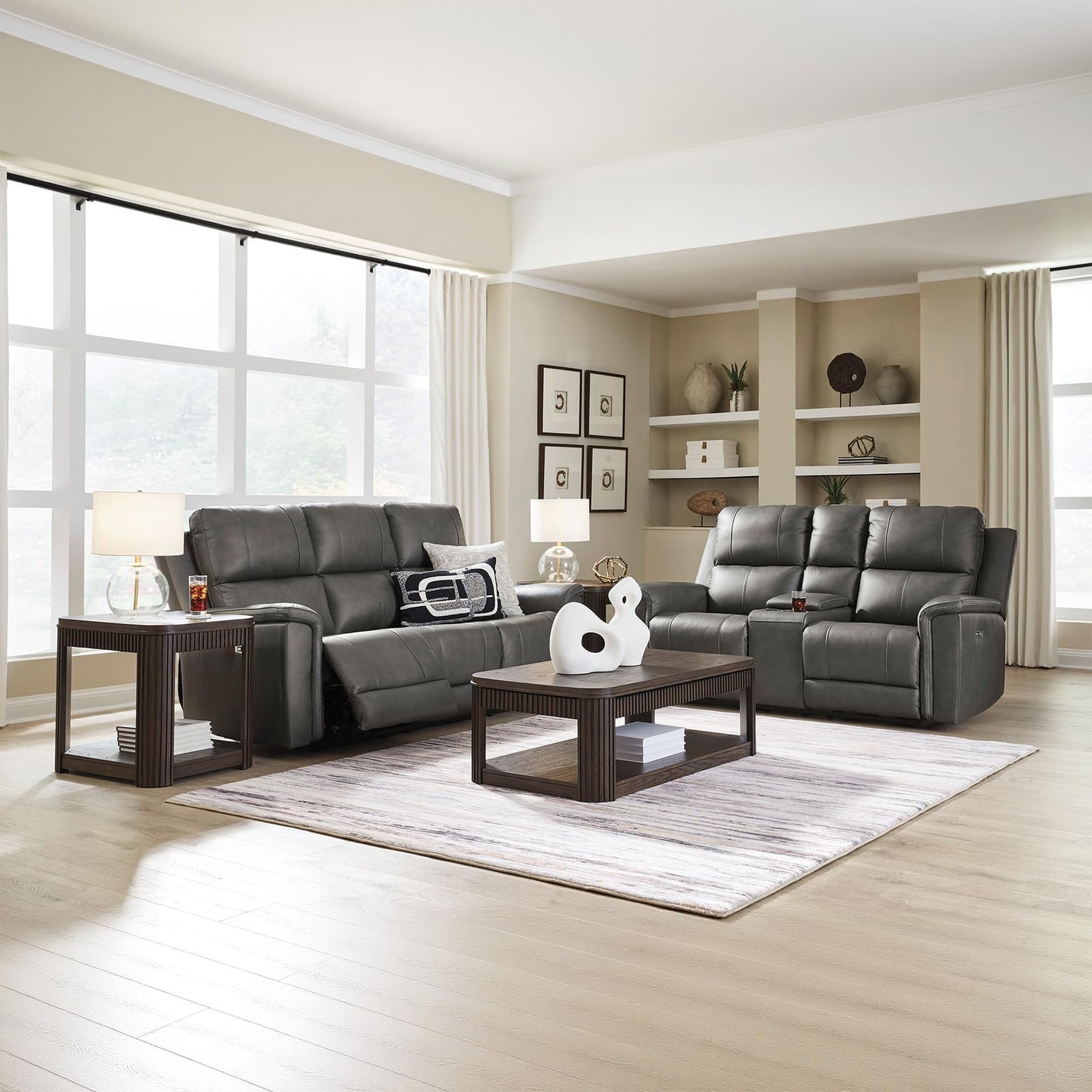 Signature Design by Ashley Burnley Contemporary Leather Match Power Reclining Sofa with Adjustable Headrest and USB Charging Port, Gray