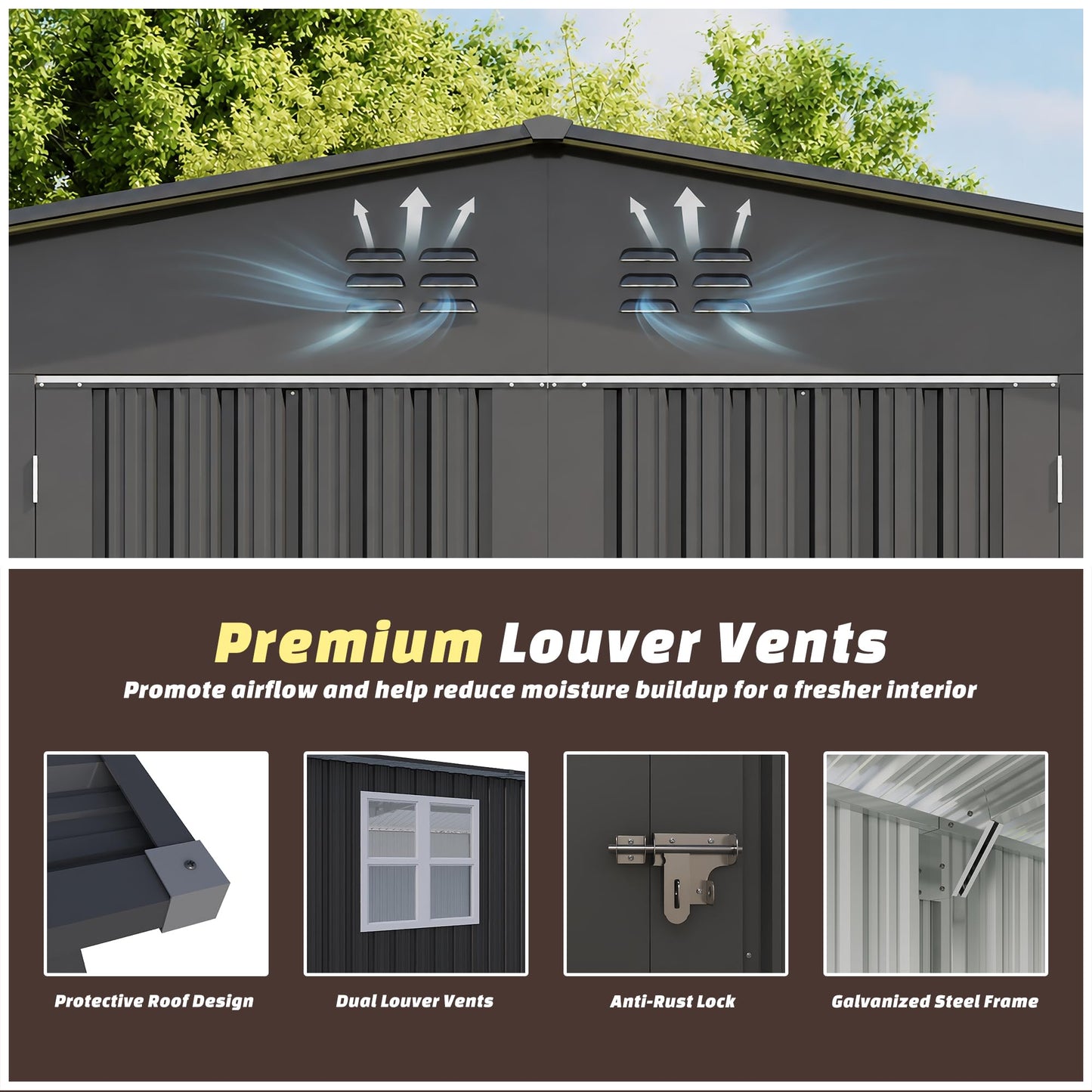 PABIMIA 12X20 FT Outdoor Storage Shed with Windows, Metal Garden Shed with Lockable Double Doors, Weather-Resistant Backyard Tool Shed for Patio, Lawn, Pool Supplies, Bikes & Outdoor Equipment