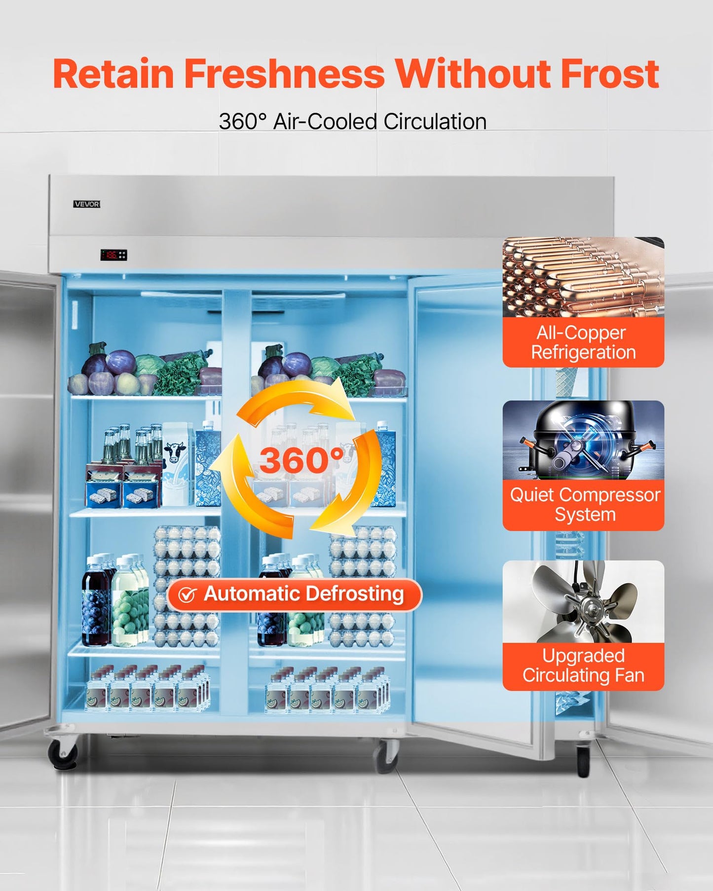 VEVOR Commercial Refrigerator and Freezer Combo 72"W, 51 Cu.Ft Stainless Steel Upright Freezer/Refrigerator with Three Doors, Auto-Defrost, 9 Adjustable Shelves, UL Certified
