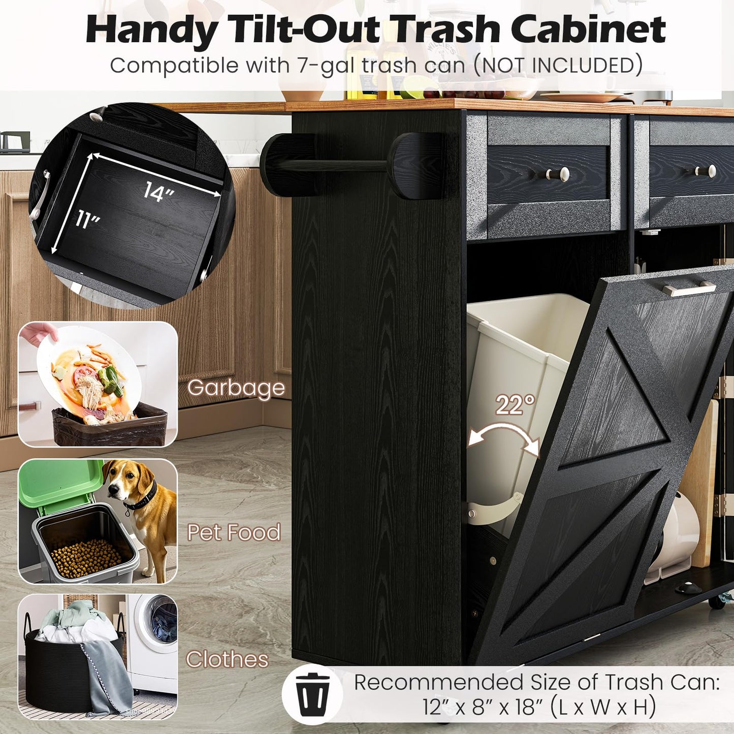 Giantex Kitchen Island Cart with Hidden Tilt Out Trash Can Cabinet, Drop Leaf, 2 Drawers, Towel Rack, Rolling Mobile Breakfast Bar Table, Wood Kitchen Storage Cart on Wheels (Black & Natural)
