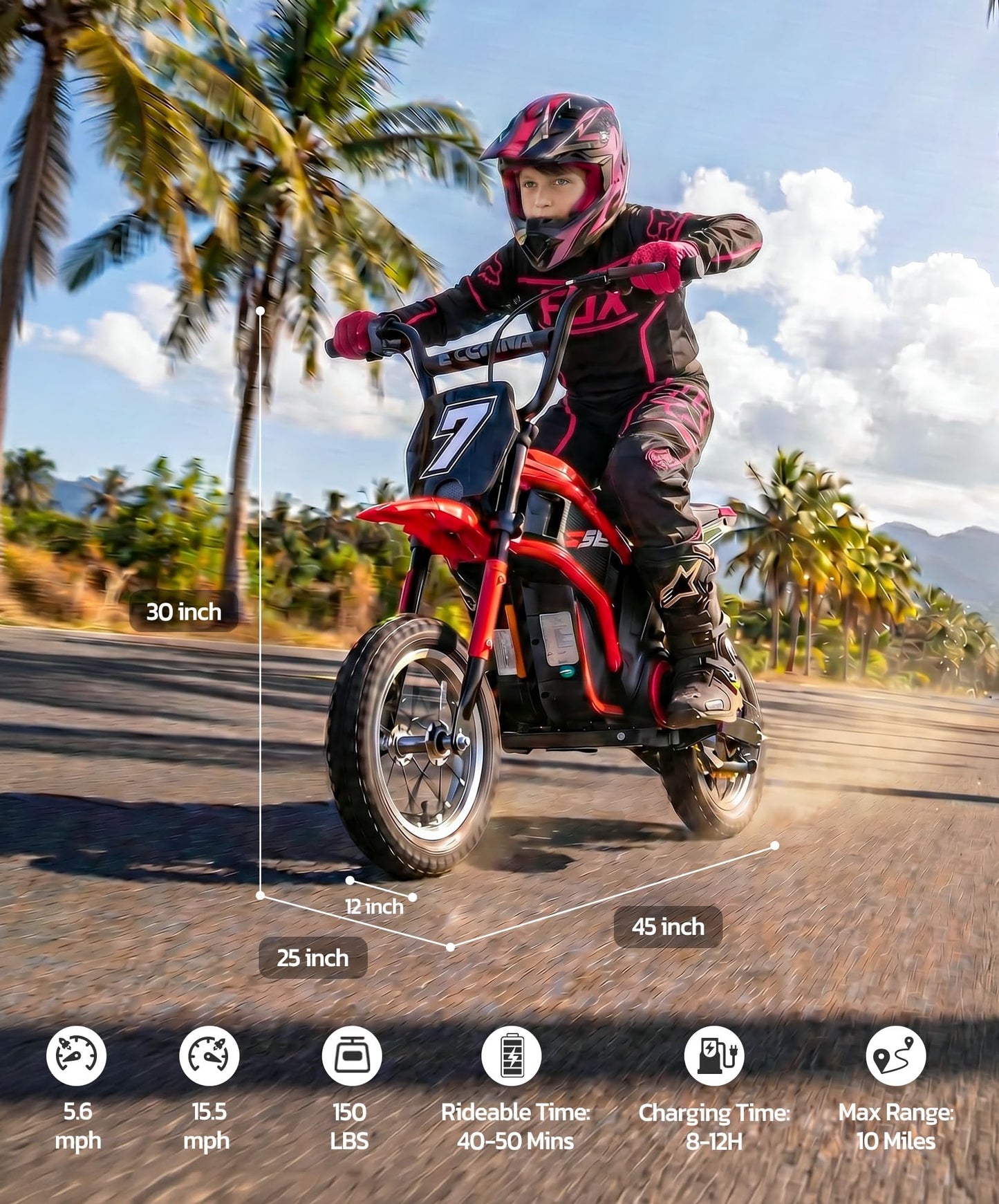 ELEMARA Electric Dirt Bike,350W Motorcycle 24V Ride on Toy for Big Kids w/LED Power Display,15.5 mph & 150lb Max,3 Speeds,Chain-Driven Motor,Twist-Grip Throttle & Brake Lever,12" Air-Filled Tires-Red