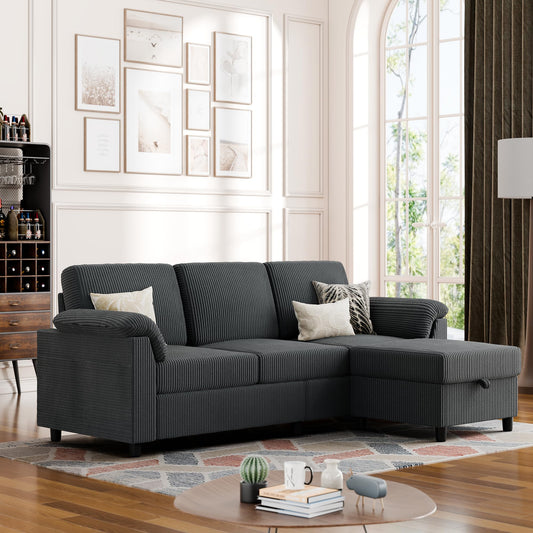 Vongrasig Convertible Sectional Sofa Couch, 3 Seat L Shaped Sofa with Removable Pillows Soft Corduroy Fabric Small Couch Mid Century for Living Room, Apartment and Office (Gray)
