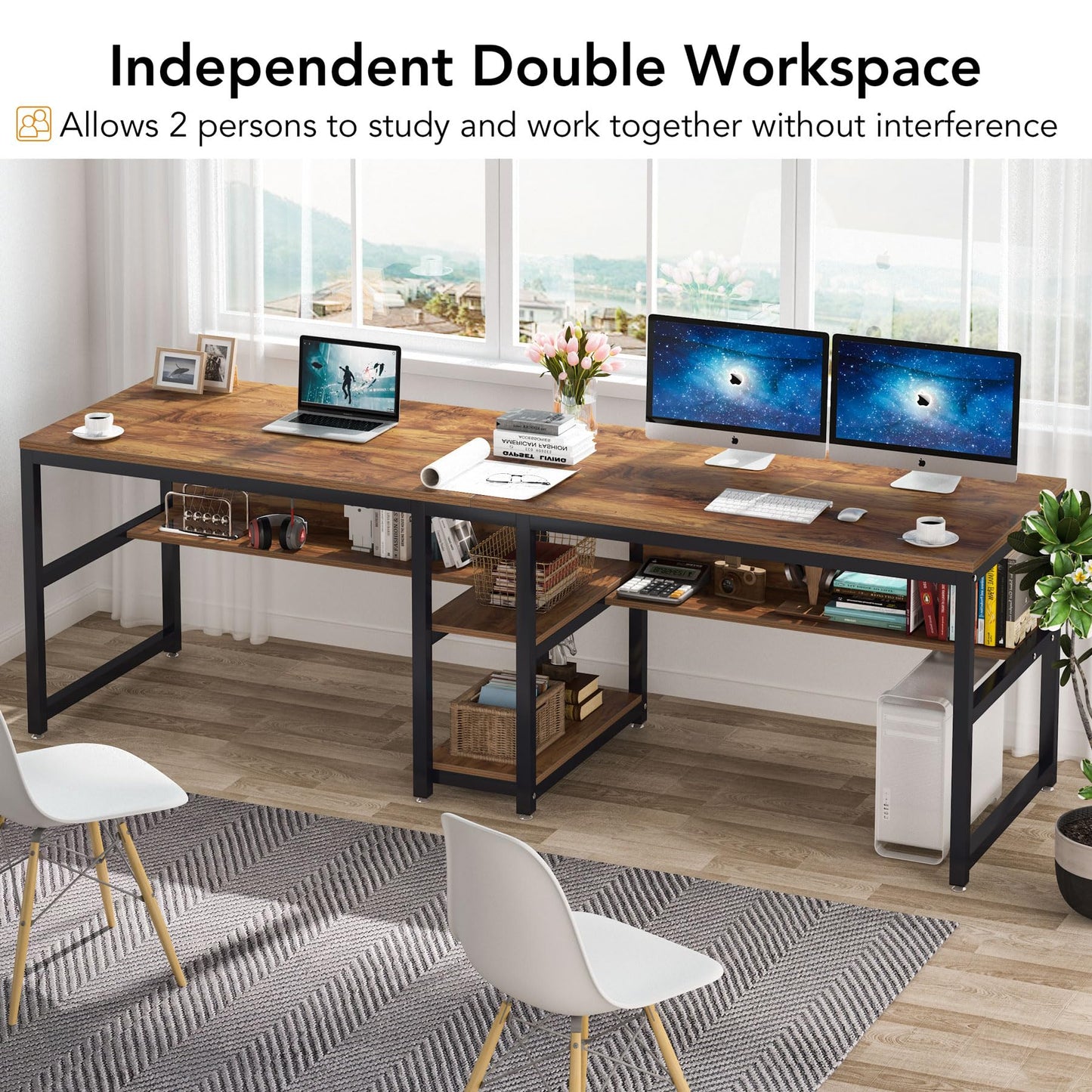 Tribesigns Two Person Desk with Bookshelf, 78.7 Computer Office Double Desk for Two Person, Rustic Writing Desk Workstation with Shelf for Home Office (Brown)