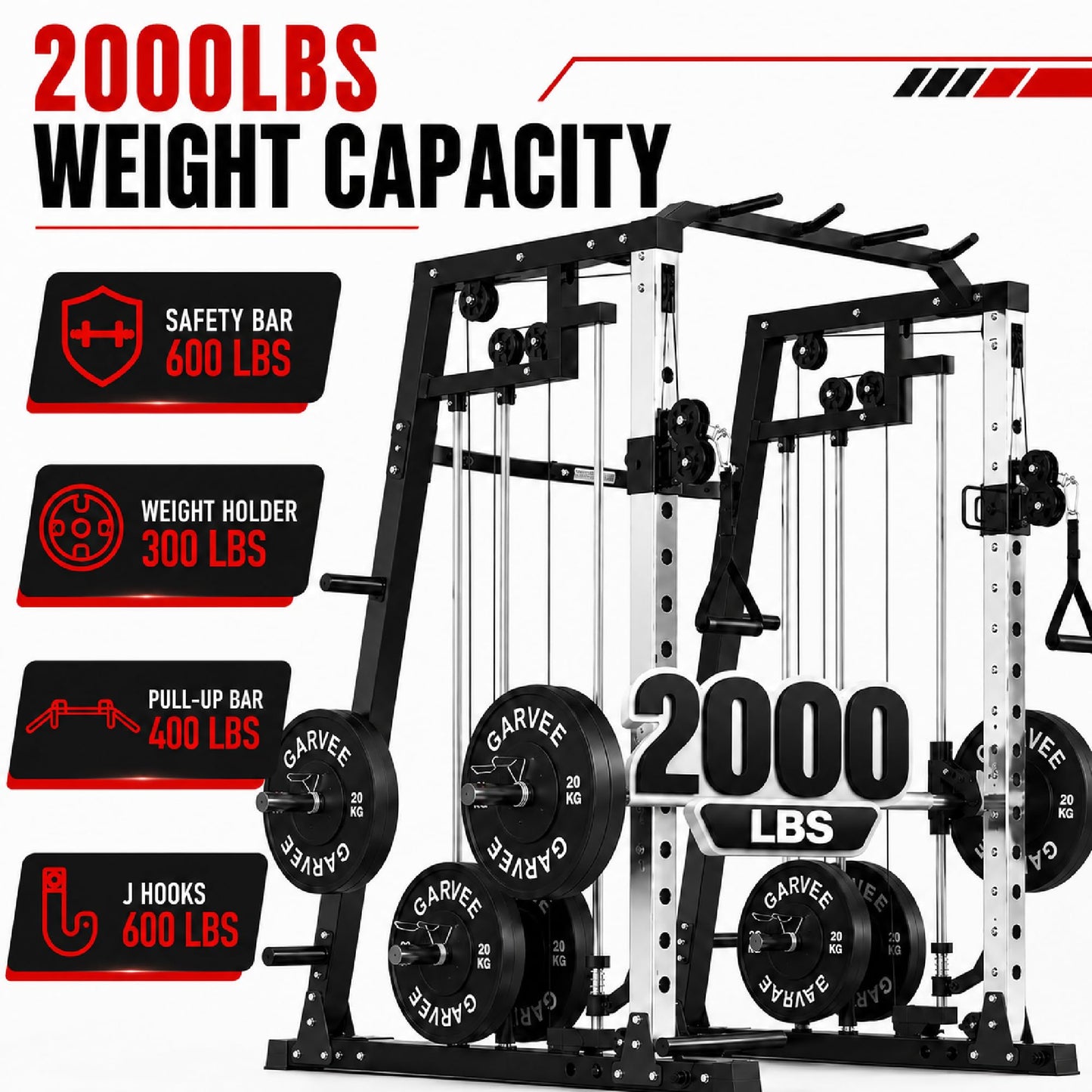 Smith Machine, 2000LBS Power Cage with Cable Crossover System, Squat Rack with Smith Bar, All-in-One Home Gym System, Dual Independent Pulley,LAT Pulldown,Pull-Up Bar, Landmine, J Hooks