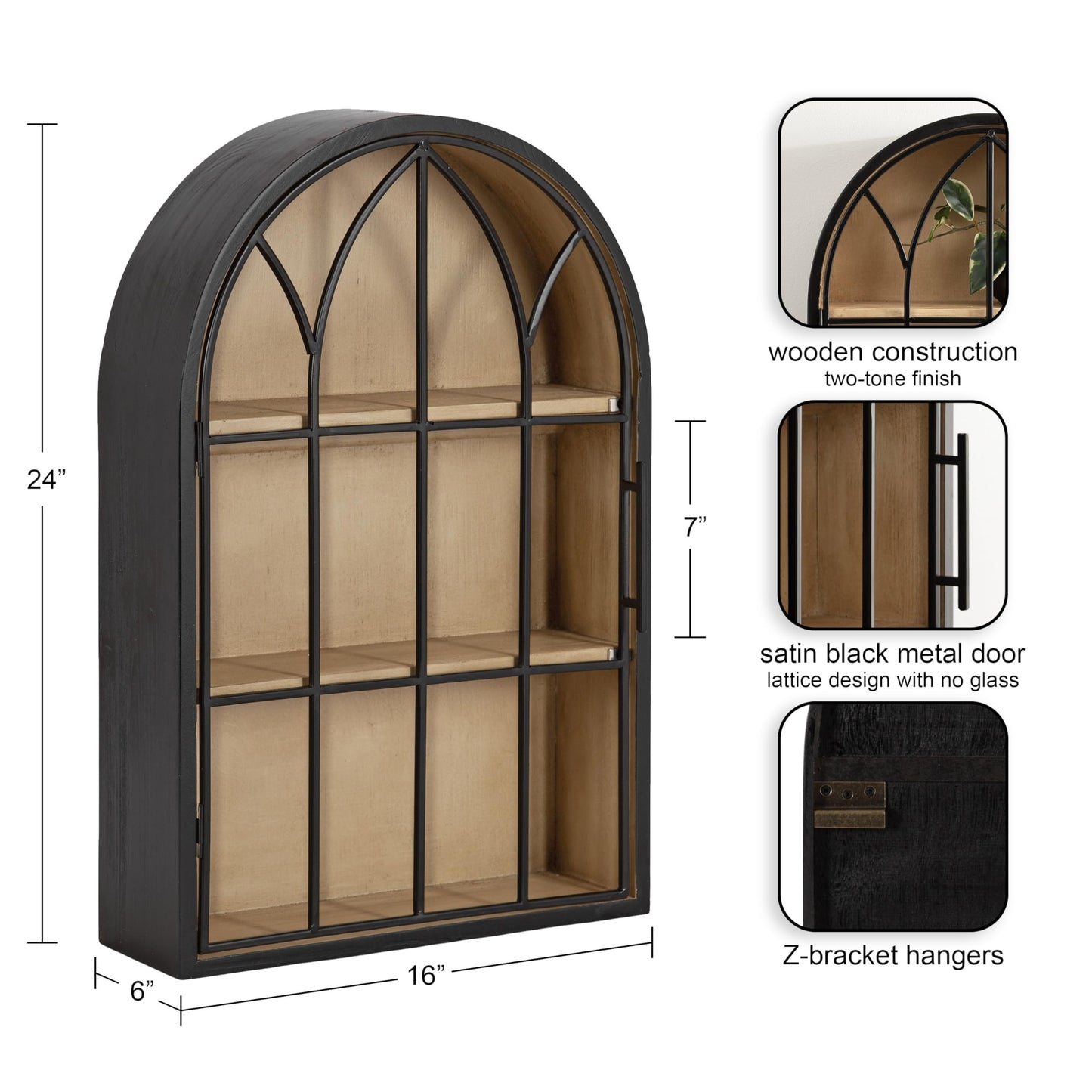 Kate and Laurel Megara Decorative Wooden Hanging Arched Wall Cabinet with Door for Open Storage; 16 x 6 x 24; Black and Natural Wood; Wooden Floating Wall Bathroom Cabinet for Above Toilet Storage