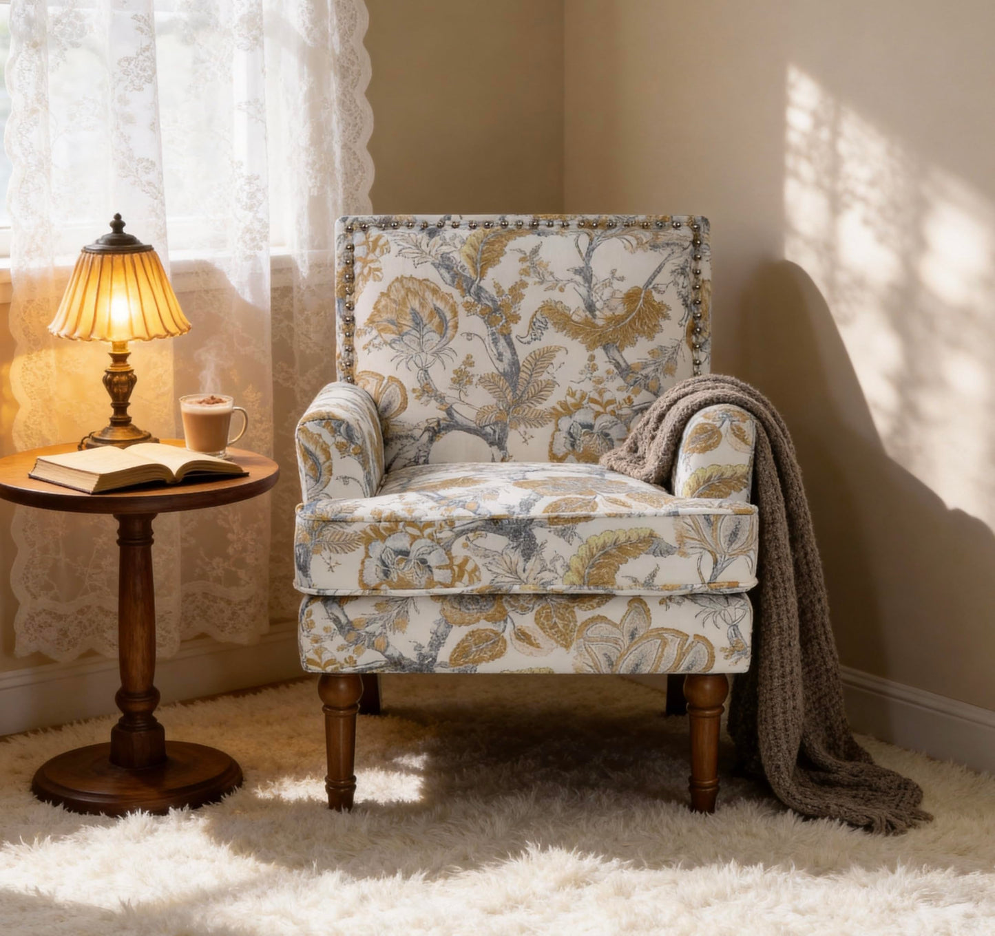 KEIKI Upholstered Accent Chair, Mid Century Armchair with Floral Pattern, Sofa Chair with Solid Wood Legs for Living Room, Bedroom (Earthy Yellow)
