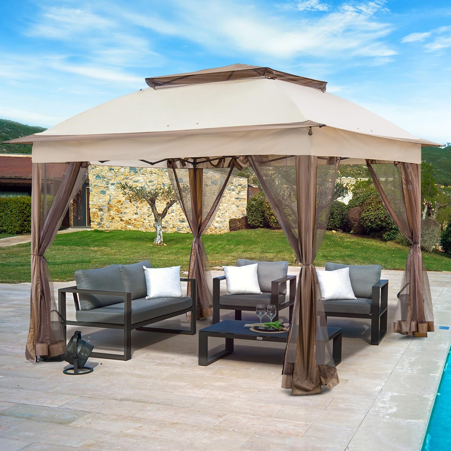 INTER HUT 11x11 Pop Up Gazebo Tent with Mesh Netting, Instant Outdoor Canopy with UPF 50+ UV Protection, Water Resistant, Beige