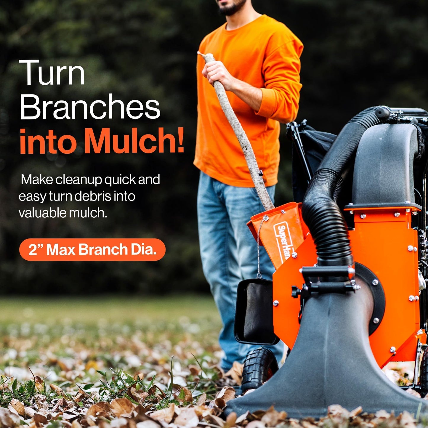 SuperHandy Leaf Vacuum & Wood Chipper 7HP 209cc Gas Engine, 10:1 Mulch Ratio, 6-Bushel Collection Bag, 13.4" Impeller, Walk-Behind Vacuum Mulcher with Castor Wheels for Lawn & Yard Cleanup
