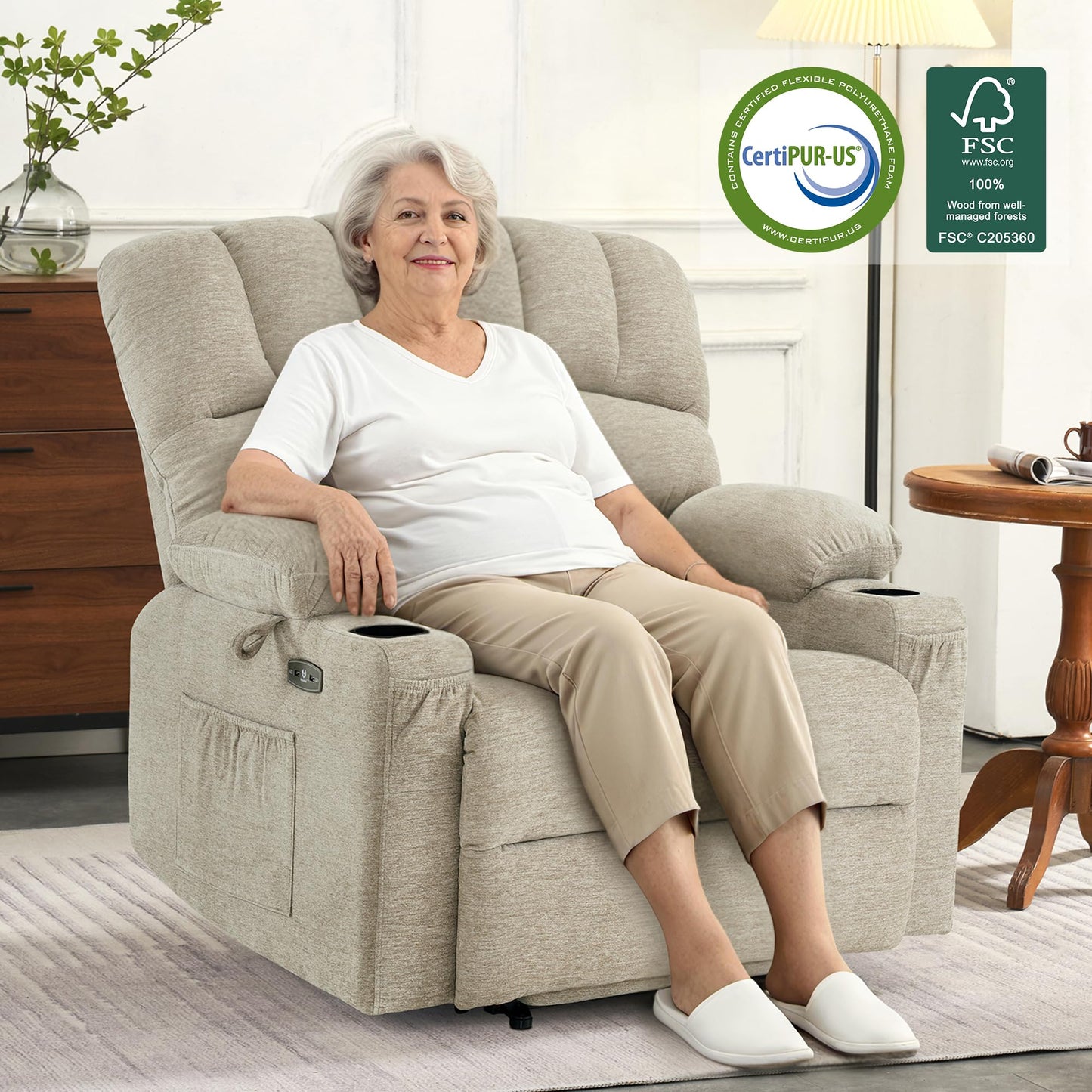 MCombo Power Lift Recliner Chair for Elderly, Lift Chair with Heat and Massage, Extra Wide Lift Recliner for Big People, Fabric R7096 (Medium-Wide, Beige)