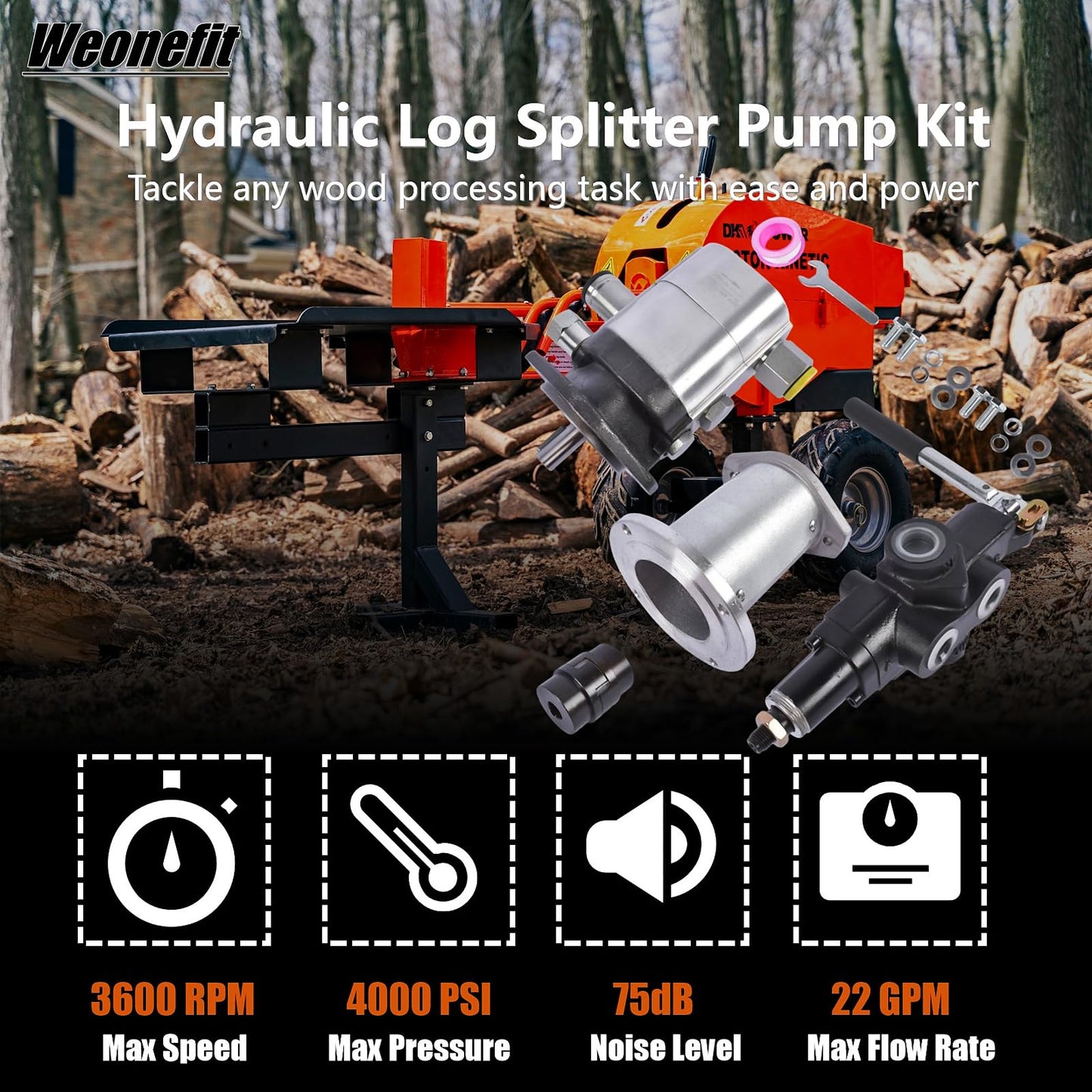 Hydraulic Wood Log Splitter Pump Kit - 22 GPM, 2 Stage 4000 PSI Aluminum Gear Pump with 3600 RPM, Includes Hydraulic Directional Control Valve, Coupling, Installation Base, and 3/4" NPT Outlet