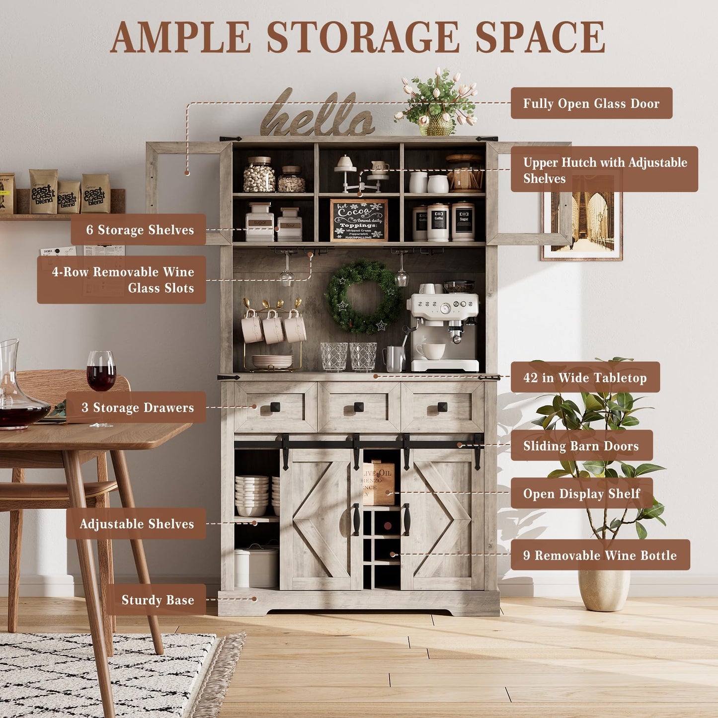 72 in Farmhouse Bar Cabinet with Sliding Barn Door, Tall Kitchen Buffet with Storage Hutch and 3 Drawer, Rustic Coffee Wine Bar Sideboard with Wine & Glasses Rack, for Living Room, Washed Grey