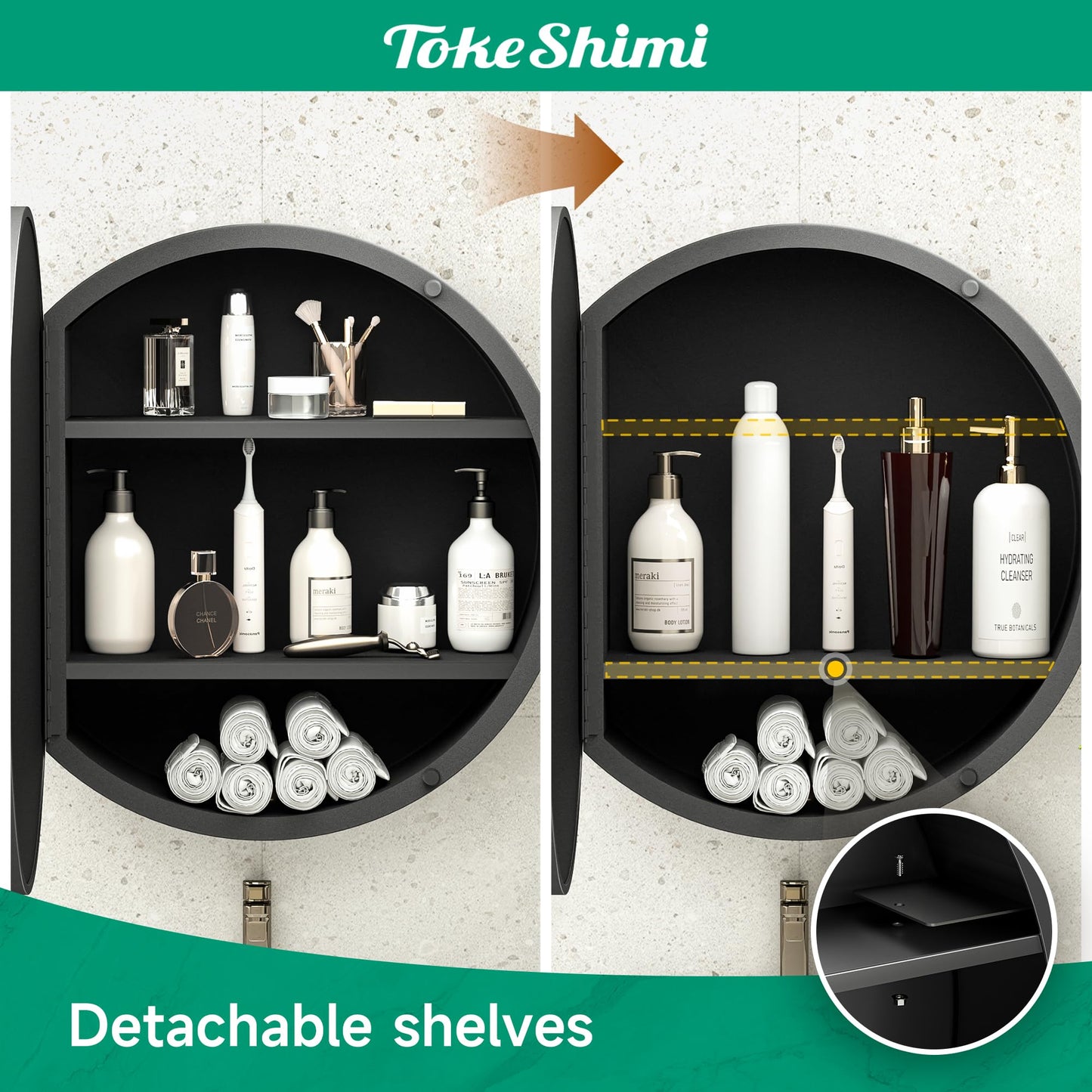 TokeShimi 24 x 24 Round Medicine Cabinet with Mirror, Black Medicine Cabinet, Circle Bathroom Mirror with Storage, Shatterproof with Metal Frame, Detachable Shelves, Wall Mounted Only