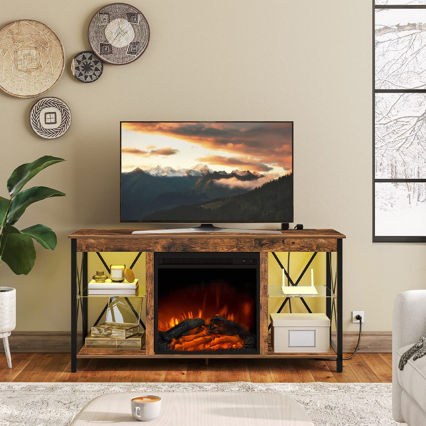 HOOBRO Fireplace TV Stand with Charging Station and LED Lights, TV Stand with Fireplace for TVs up to 55", Entertainment Center with Fireplace, Glass Shelves, Rustic Brown and Black BF120UDDS01