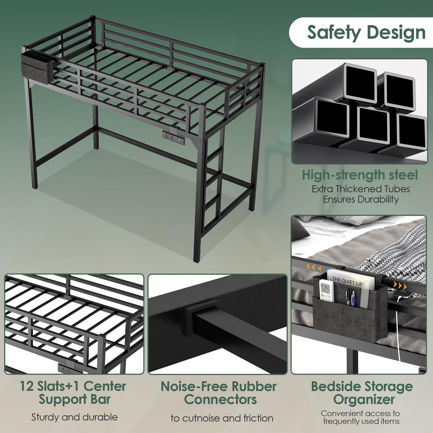 Twin XL Loft Bed with Charging Station & LED Lights, Heavy Duty Metal Bed Frame with Storage Pocket, Ladder and Guardrail Reinforced Twin XL Loft Bed Space-Saving for Adults, Guest Room, Dorm, Black