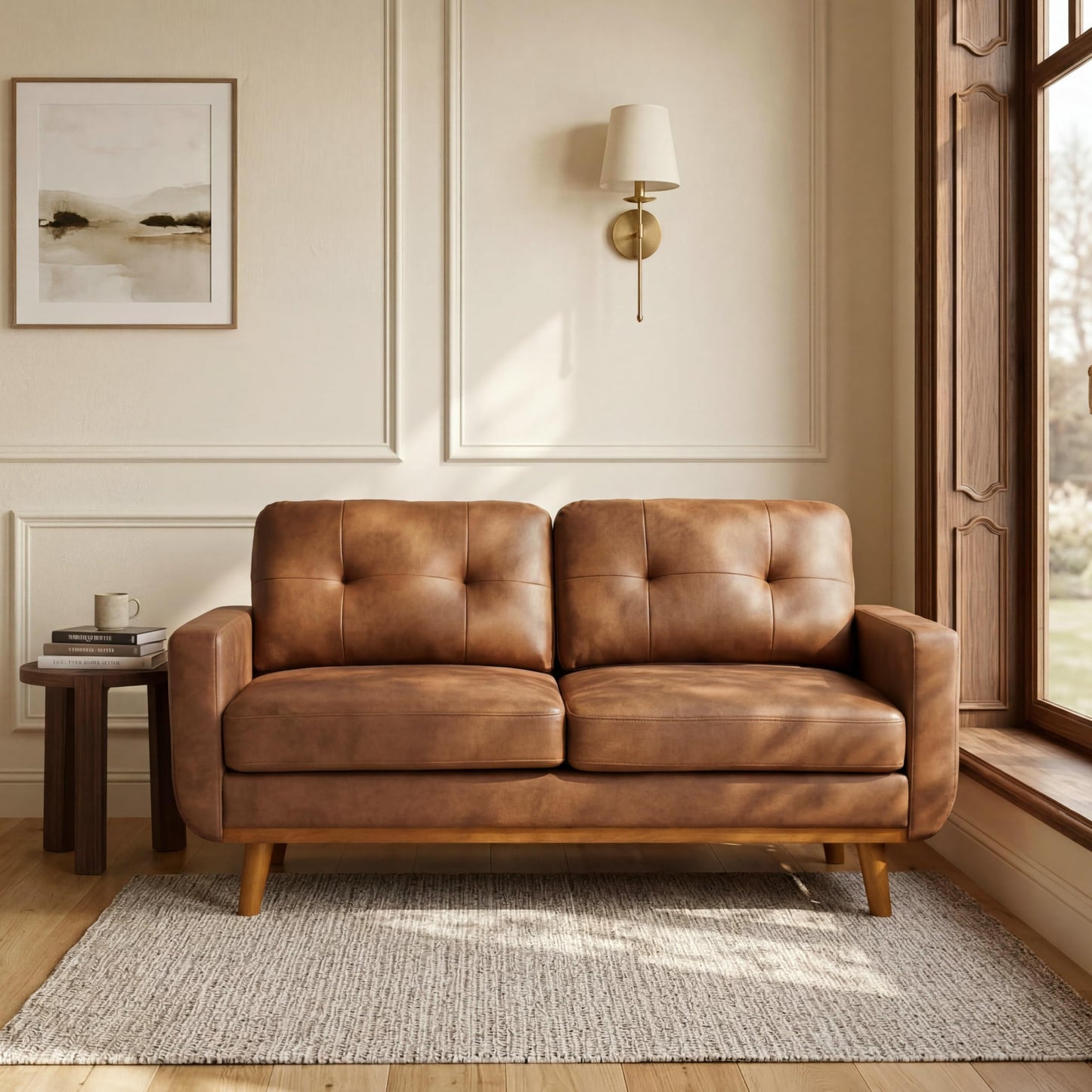 Ball & Cast 65" Loveseat Sofa,Mid Century Modern Love Seat Couches for Living Room,Button Tufted Upholstered Small Couch with Solid Wood Legs for Bedroom,Apartment,Office,Fabric,Light Brown