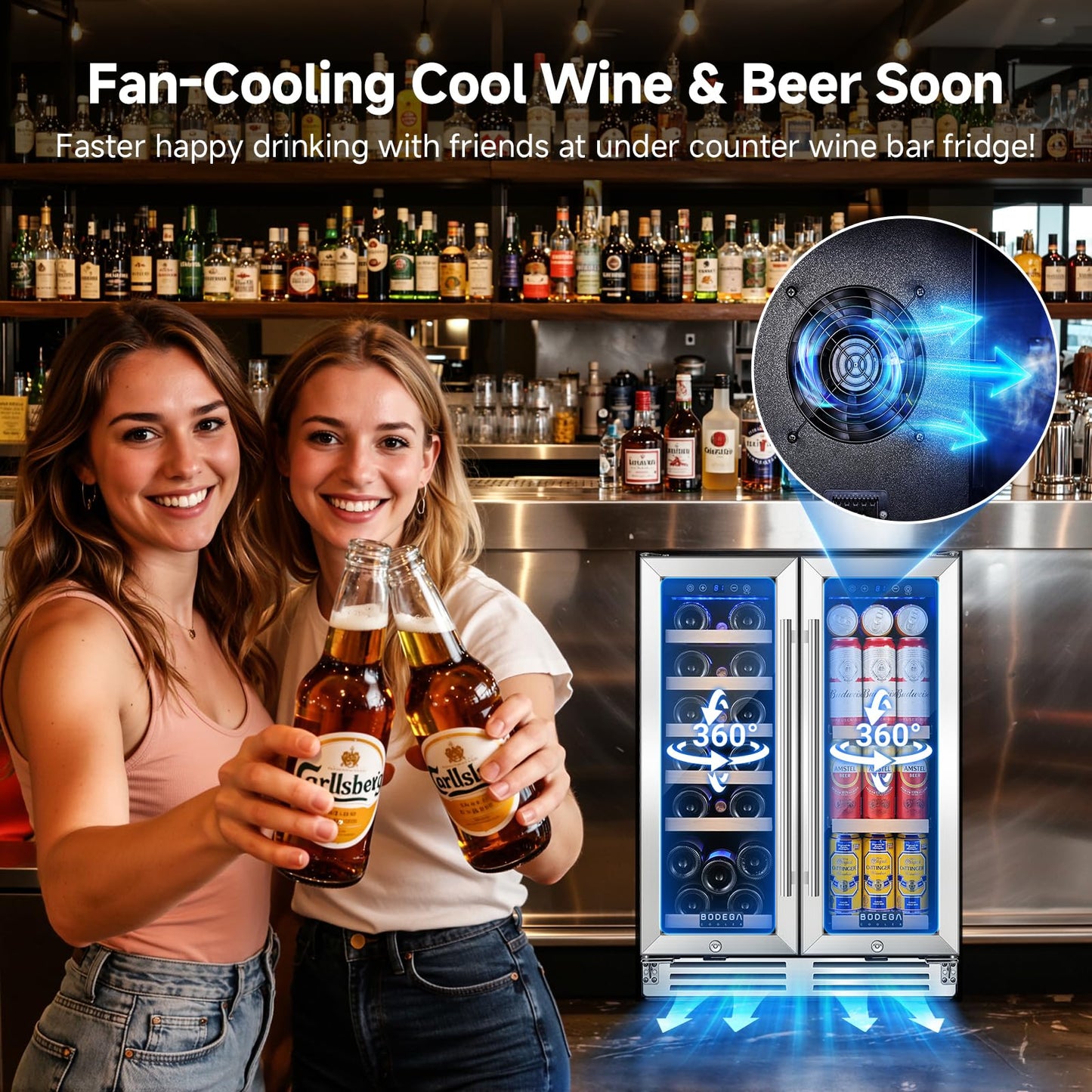 BODEGACOOLER Wine and Beverage Refrigerator, 24 Inch Under Counter Commercial Beverage Refrigerator, Large Capacity Back Bar Cooler With 2 Glass Doors,LED Lighting for Beer,Soda,Wine,4.1 Cu.Ft.,Black.