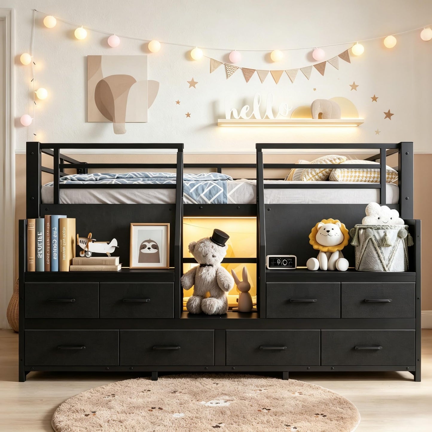 Bellemave Low Loft Bed Full Size with Storage Shelves & Fabric Drawers, Metal Full Loft Bed for Kids with LED Lights & Under-Bed Play Area, Low Loft Bed Frame for Bedroom, No Box Spring Needed, Black