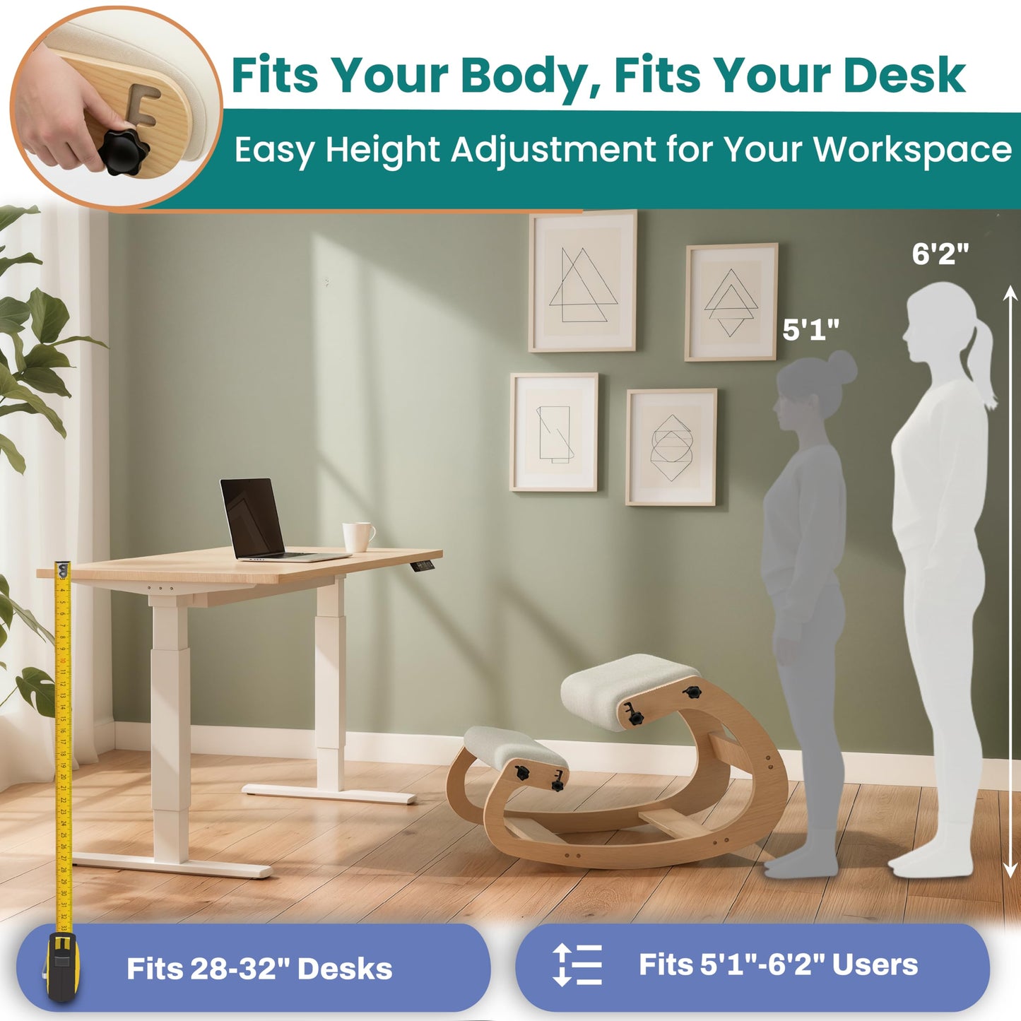 NYPOT Ergonomic Kneeling Chair with Adjustable Seats - Knee Chair for Posture Correction & Kneel Rocking Stool for Desk - Back Pain Relief for Home and Office, Supports 250 pounds - 5 Years Warranty