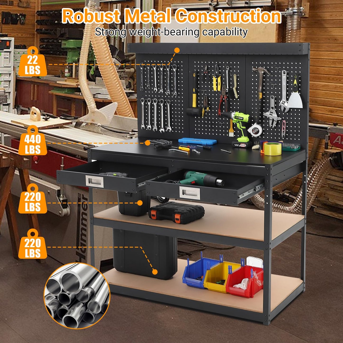 48" Workbench, 3-Tier Metal Work Benches for Garage, 1000 LBS Capacity Heavy Duty Table with 2 Drawers, Pegboard & ETL-Certified Power Outlets for Workshop, Home, Office